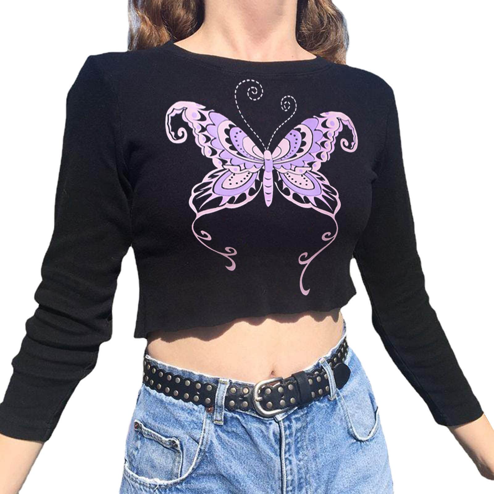 Y2K Butterfly Print Women's Crop Top - Long Sleeve Round Neck Casual Blouse & Tunic Tee in Black | Summer Fashion, Streetwear Style, Party Outfit | Perfect for Music Festivals, Clubbing, Casual Daywear, and Instagram Outfits