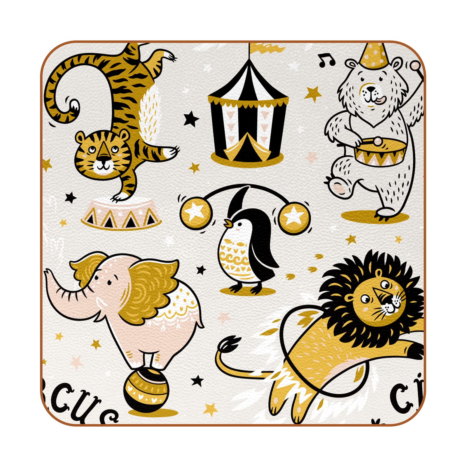 Funny Cartoon Circus Animal Coasters Set of 6 - Lion Tiger Penguin Design Drink Coasters for Coffee Table - Perfect for Home Bar, Office Desk & Party Decor