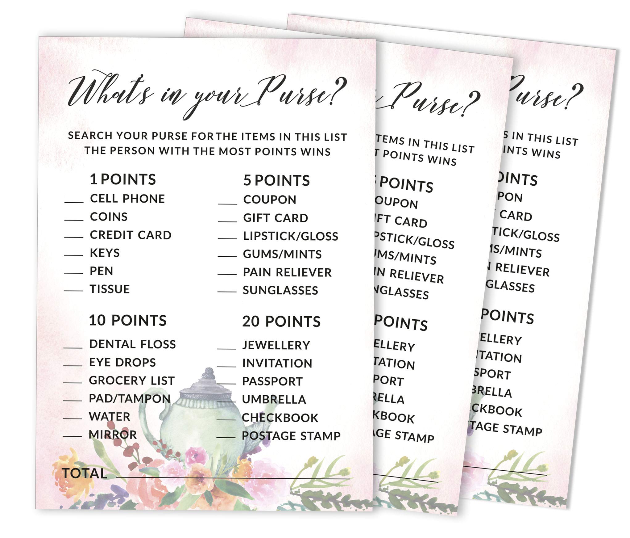 Bachelorette Party Game Cards - 50-Pack 'What's in Your Purse' Bridal Shower Activity for Wedding Showers & Tea Parties - Fun Group Games for Girls Night Out