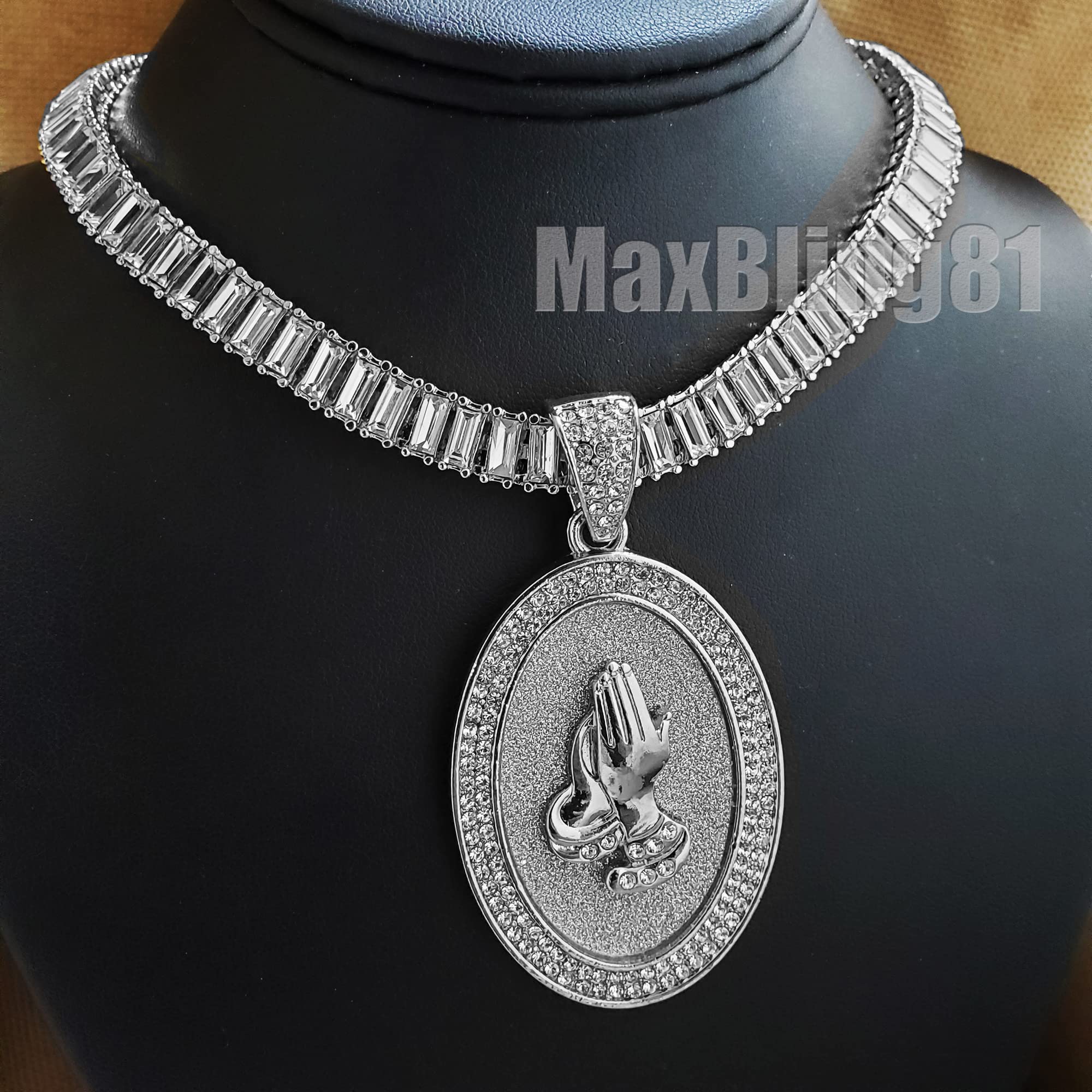White Gold Plated Praying Hands Oval Pendant with 10mm Iced Baguette Chain Necklace - 18