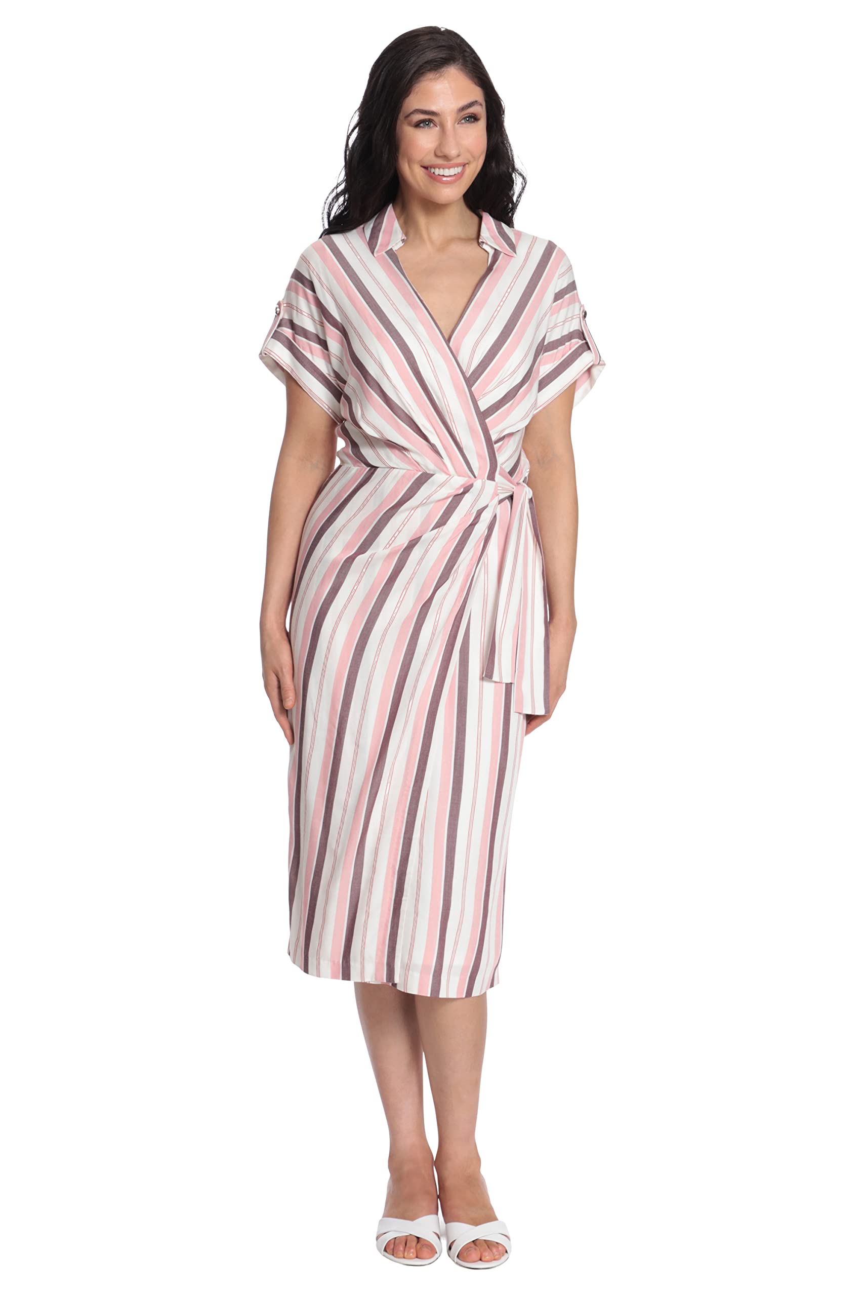 London Times Women's Striped Faux Wrap Collar V-Neck Midi Dress - Elegant Office & Cocktail Party Attire