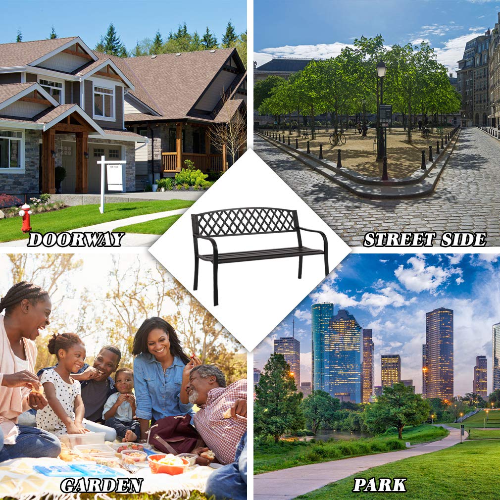 Sturdy Metal Park Bench - 50 Inch Outdoor Garden Bench with Steel Frame for Patio, Yard, Porch & Entryway - Durable & Weather-Resistant Furniture for Relaxing, Socializing & Enhancing Outdoor Spaces