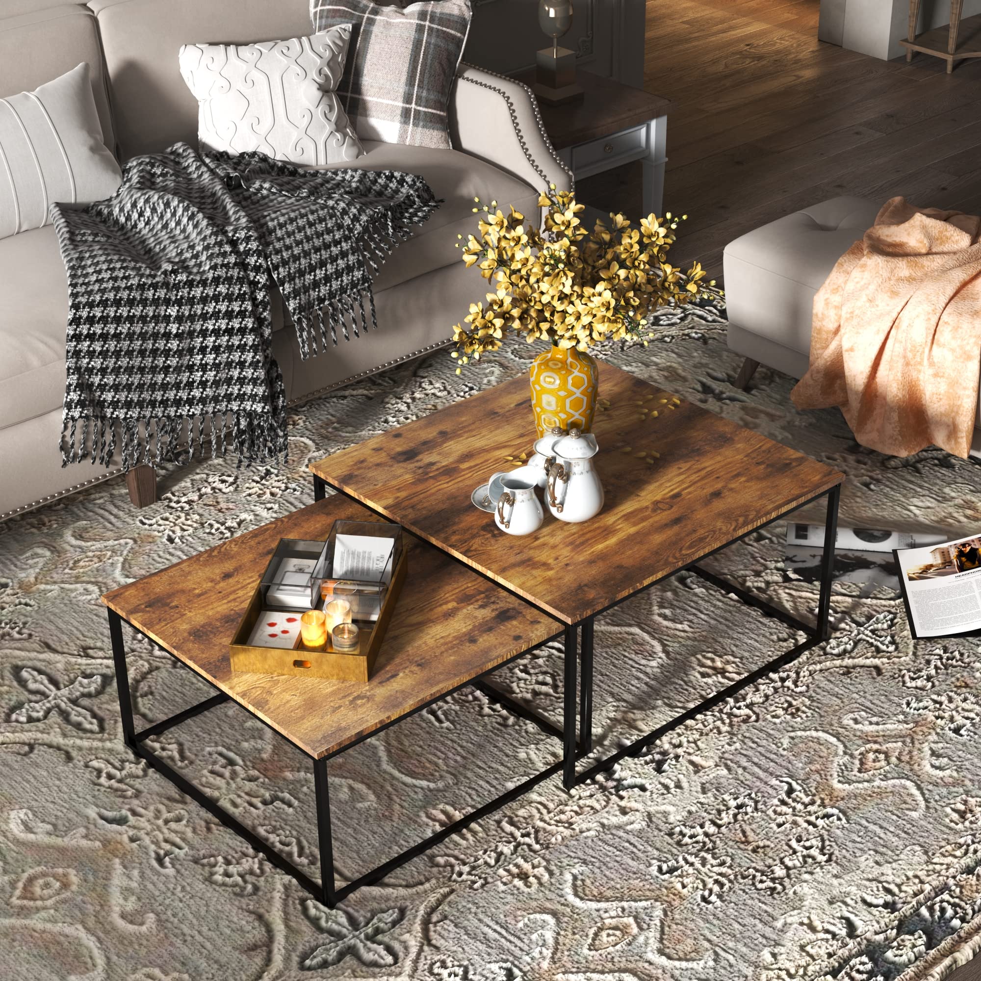 Modern Nesting Coffee Table Set - Rectangular Living Room Tables with Storage, Stylish & Space-Saving Furniture for Small Spaces | Perfect for Apartments, Condos and Cozy Home Decor