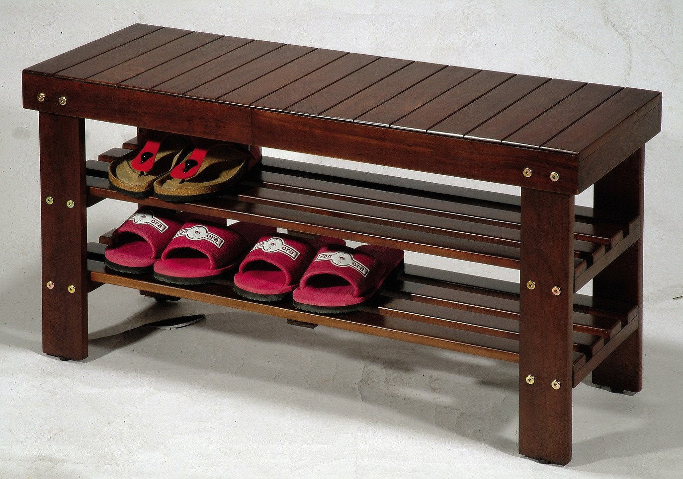 Roundhill Furniture Pina Solid Wood Shoe Bench with Storage - Cherry Finish - Entryway Organizer for Hallway, Bedroom & Mudroom