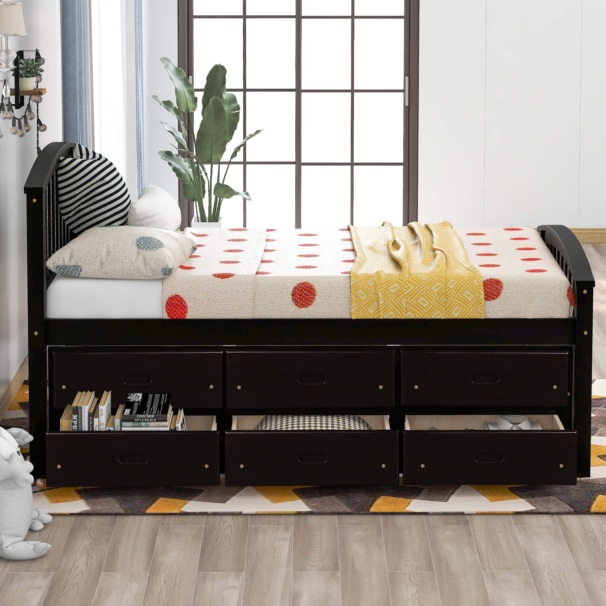 Twin Size Solid Wood Storage Bed with 6 Drawers - No Box Spring Needed - Platform Bed Frame for Boys, Girls & Students - Brown - Perfect for Small Bedrooms, Dorms & Space-Saving Kids Rooms