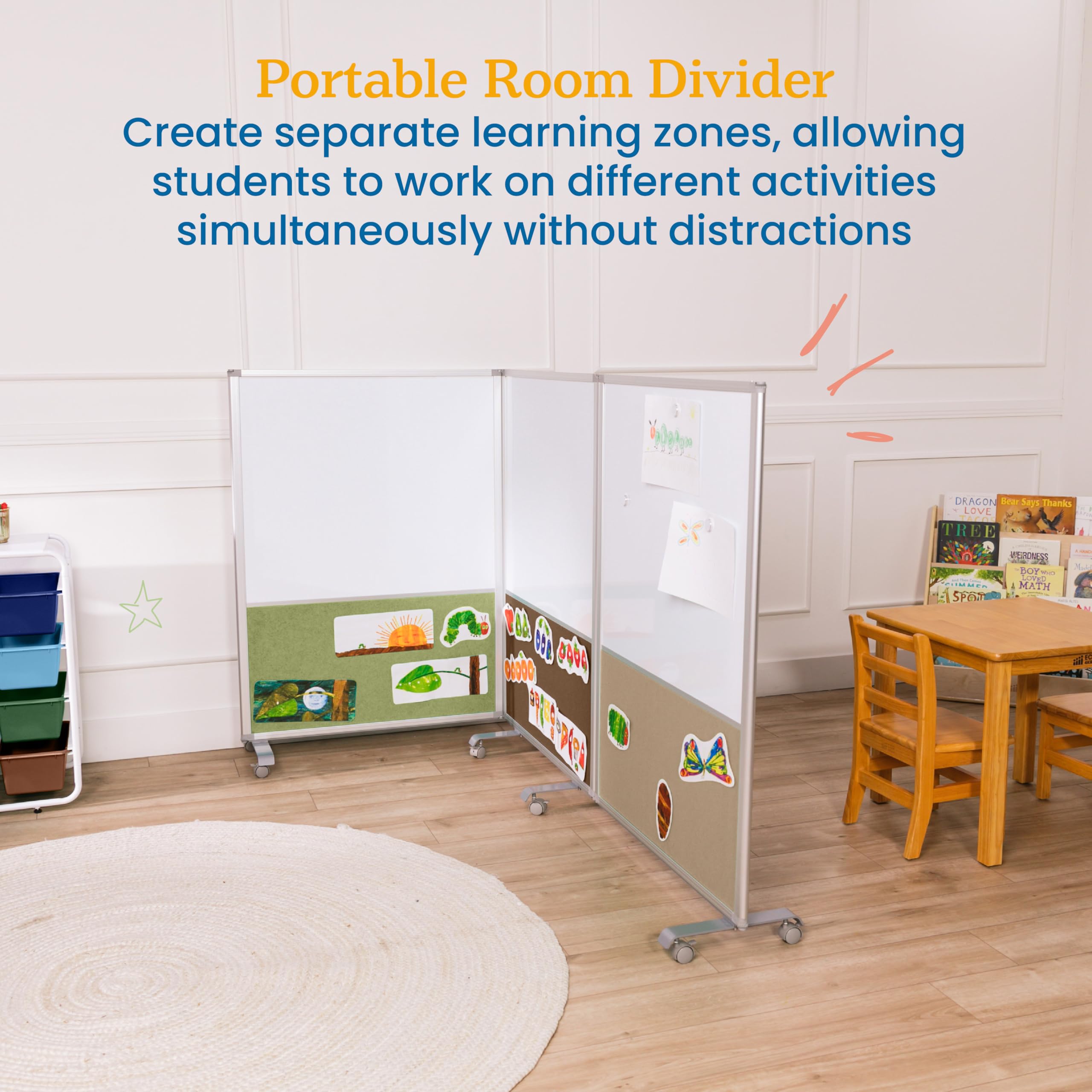 ECR4Kids 3-Panel Mobile Dry-Erase & Flannel Room Divider for Classrooms - School Supplies in Earth Tones - Perfect for Classroom Organization, Study Areas & Playroom Dividers