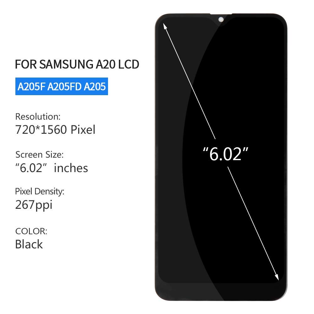 Original Title: for Samsung Galaxy A20 Screen Replacement Kit for Samsung A20 LCD for Display Samsung A20 for SM-A205F SM-A205G SM-A205U LCD Touch Screen Digitizer Replacement Assembly with Frame   Optimized Title: **Samsung Galaxy A20 Screen Replacement Kit - LCD Touch Screen Digitizer Assembly with Frame for SM-A205F/G/U - DIY Repair Solution for Cracked or Damaged Displays**