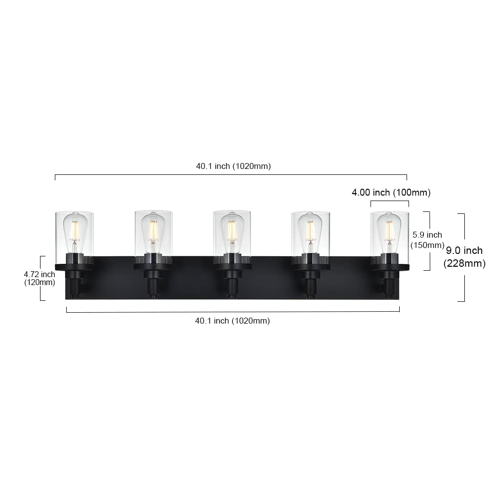 Modern Black 5-Light Bathroom Vanity Lighting Fixture with Clear Glass Shade - E26 Wall Mount Mirror Light for Bathroom, Hallway, Kitchen & Living Room - Perfect for Makeup, Grooming & Ambient Lighting