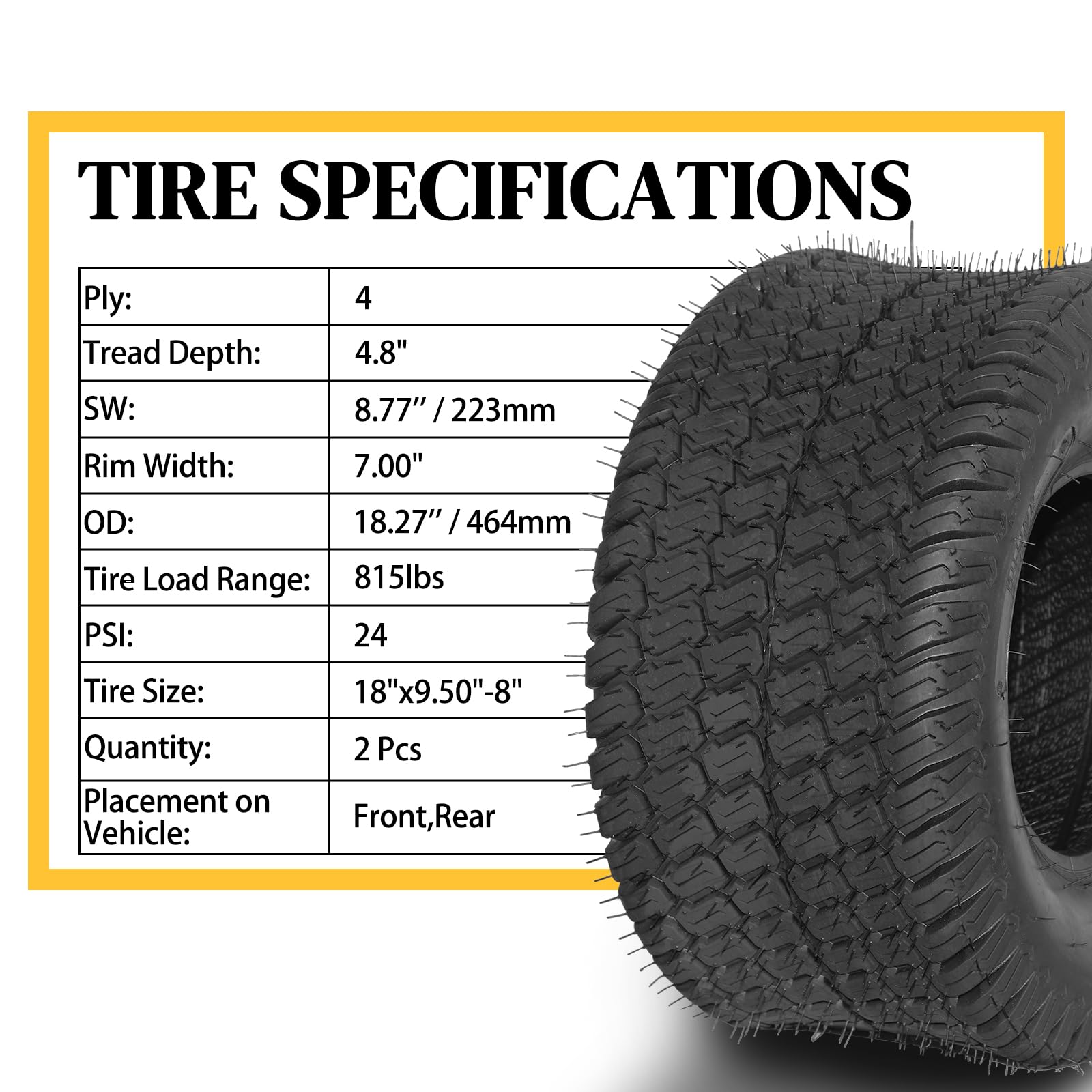 Motorhot Set of 2 18x9.5-8 Turf Lawn Mower Tires - 4PR Golf Cart & Tractor Turf Tires for Smooth Lawn Care & Landscaping