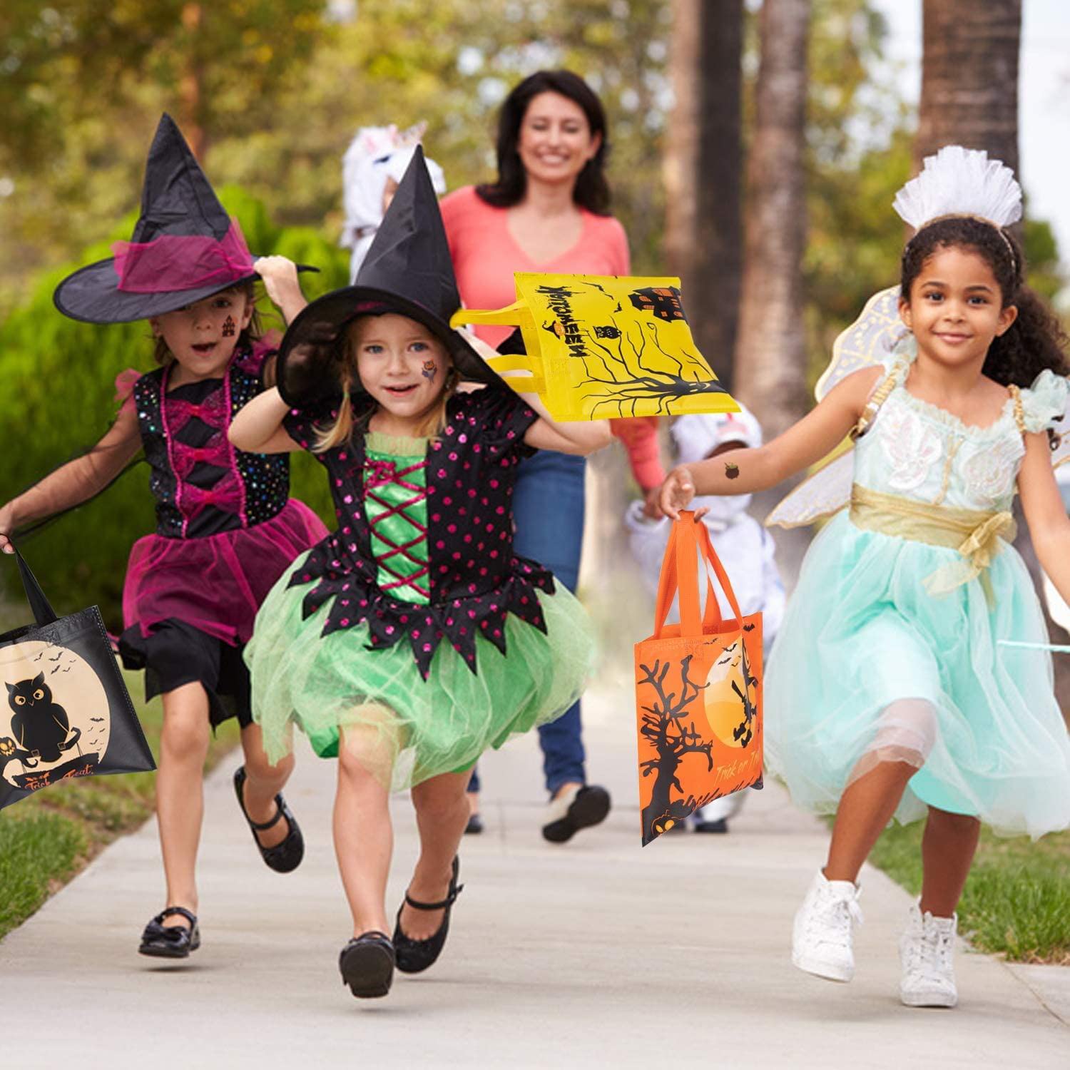 30 Pack Halloween Treat Bags - Reusable Non-Woven Tote Gift Bags for Kids Trick or Treat with 54 pcs Temporary Tattoos | Halloween Party Favors, Candy Bags & Goodie Bags (6 Fun Patterns) - Perfect for Classroom Treats, Neighborhood Trick-or-Treating & Halloween Party Supplies