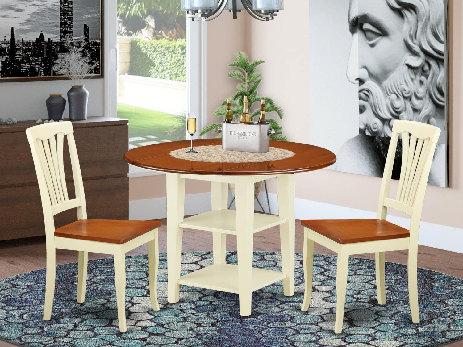 East West Furniture SUAV3-BMK-W 3-Piece Small Space Kitchen Table Set - Round Drop Leaf Dining Table with Storage Shelves & 2 Chairs, 42x42 Inches, Buttermilk & Cherry Finish - Perfect for Apartments, Breakfast Nooks & Cozy Dining Areas