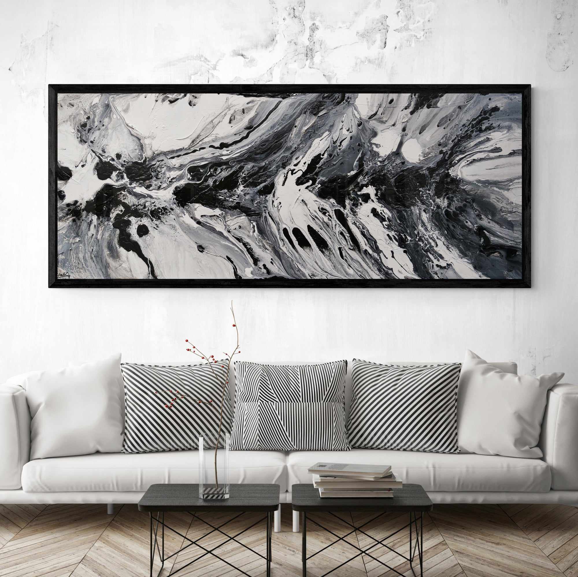 Salt and Nero 200cm x 80cm White Black Textured Abstract Canvas Painting - Modern Wall Art for Living Room, Bedroom & Office Decor