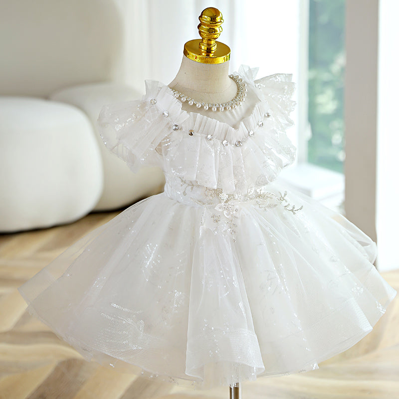 Baby Girl Baptism Dress - White Puffer Christening Gown with Flower Bead Collar | Toddler Princess Dress for Church, First Communion & Special Occasions