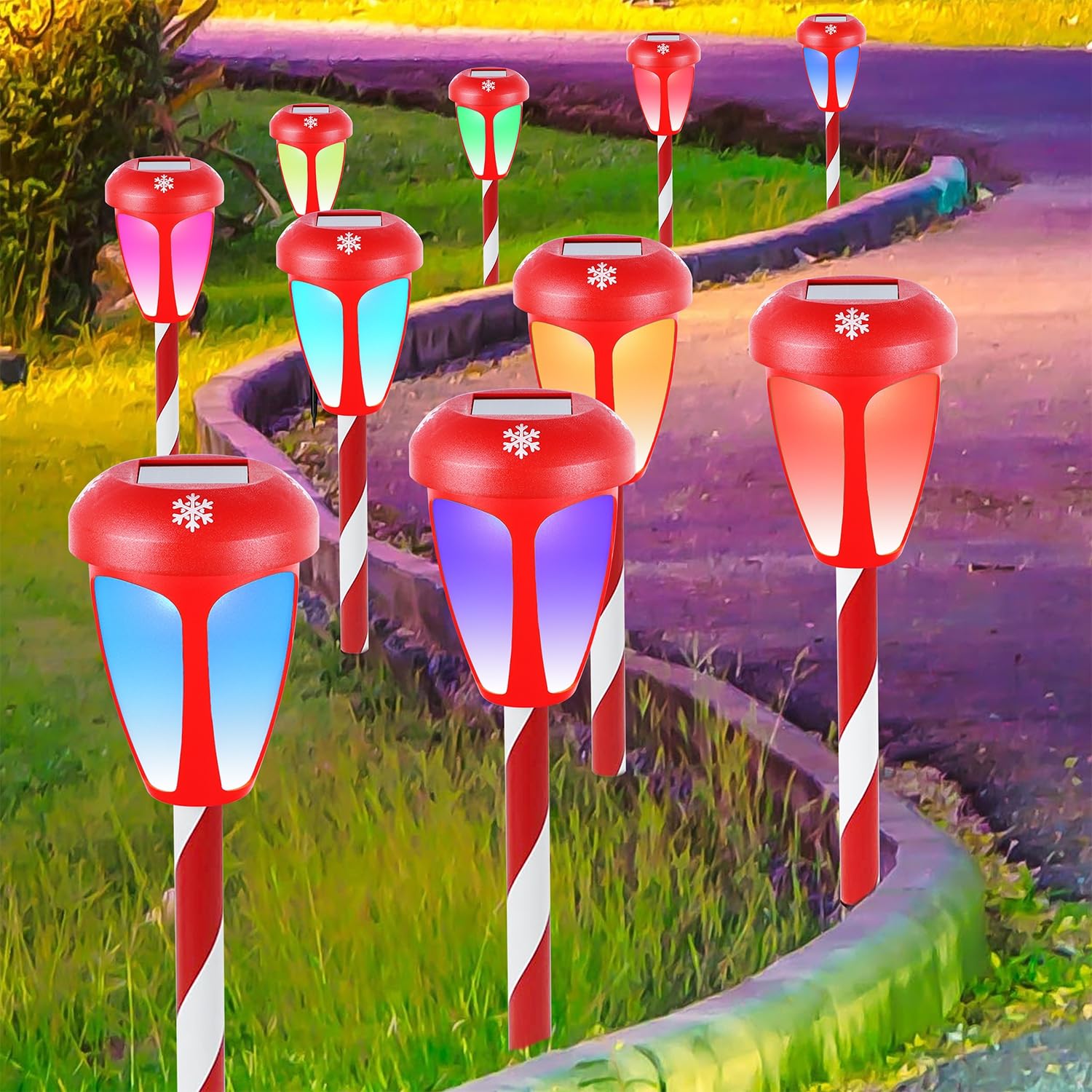 Dynaming 10 Pack Solar Christmas Path Lights - Outdoor Solar Powered Color Changing Xmas Garden Pathway Markers with Auto On/Off, Waterproof Candy Cane Lights for Winter Patio, Yard, Walkway, Driveway Decor | Perfect for Holiday Outdoor Lighting and Festive Landscape Decoration