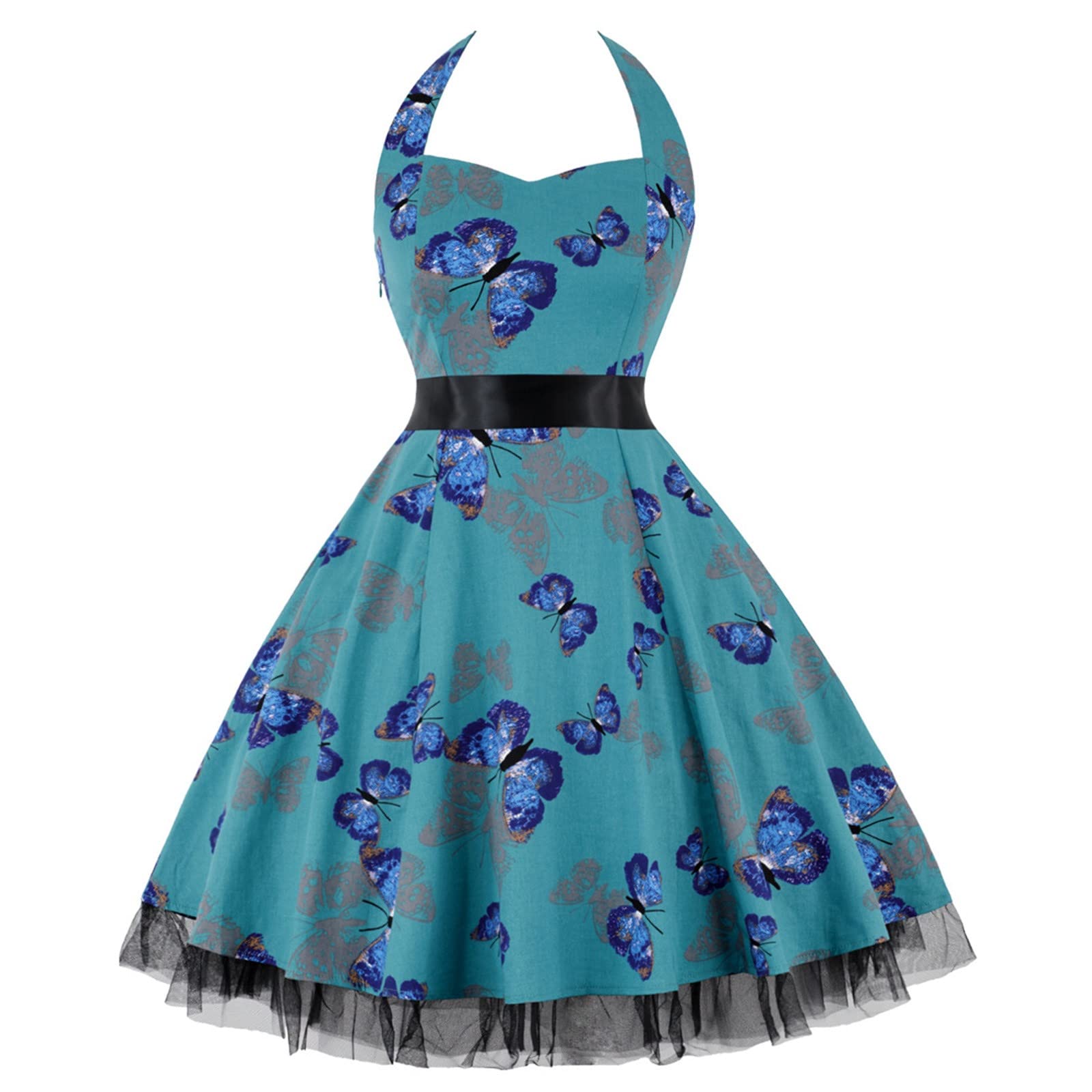 1950s Rockabilly Dresses for Women - Vintage Retro Halter Floral Print Swing A-Line Prom Gown - Elegant Cocktail Party Midi Dress in Green - Perfect for Rockabilly Events, Vintage Weddings & Swing Dance Parties