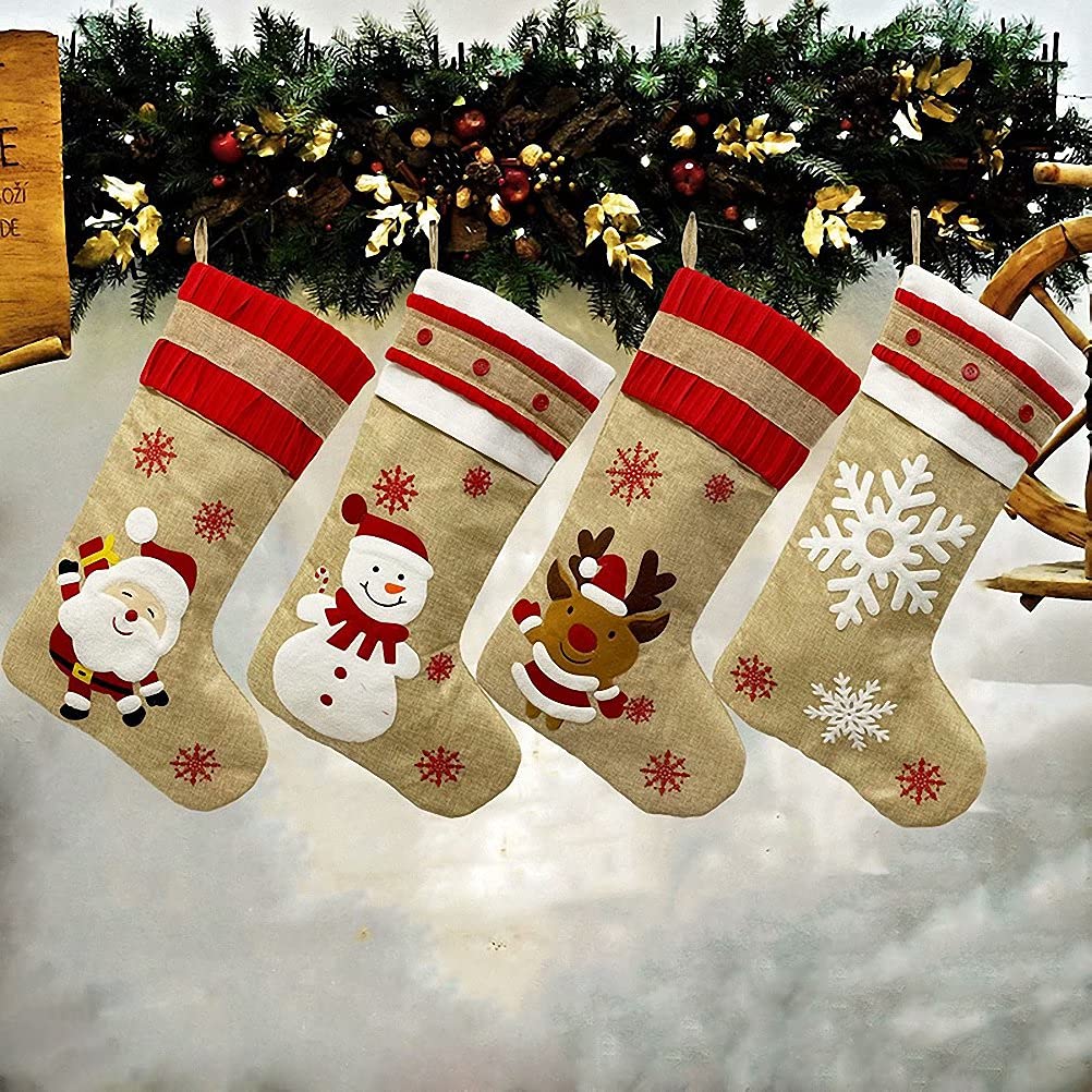 19 Inch Kerio Christmas Large Stocking - Santa Snowman Elk Snowflake Design | Fireplace Hanging Stockings | Holiday Gift Linen Bag for Family & Party Decorations | Perfect for Christmas Tree, Mantel Decor & Festive Home Decor