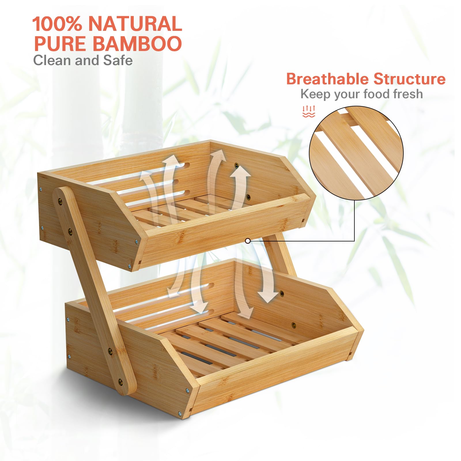 Premium 2-Tier Bamboo Fruit Basket - Large Kitchen Countertop Organizer for Fruits & Vegetables | 15mm Thick Natural Bamboo | Easy Self-Assembly | Perfect for Home Kitchen, Dining Room, or Fruit Shop Display