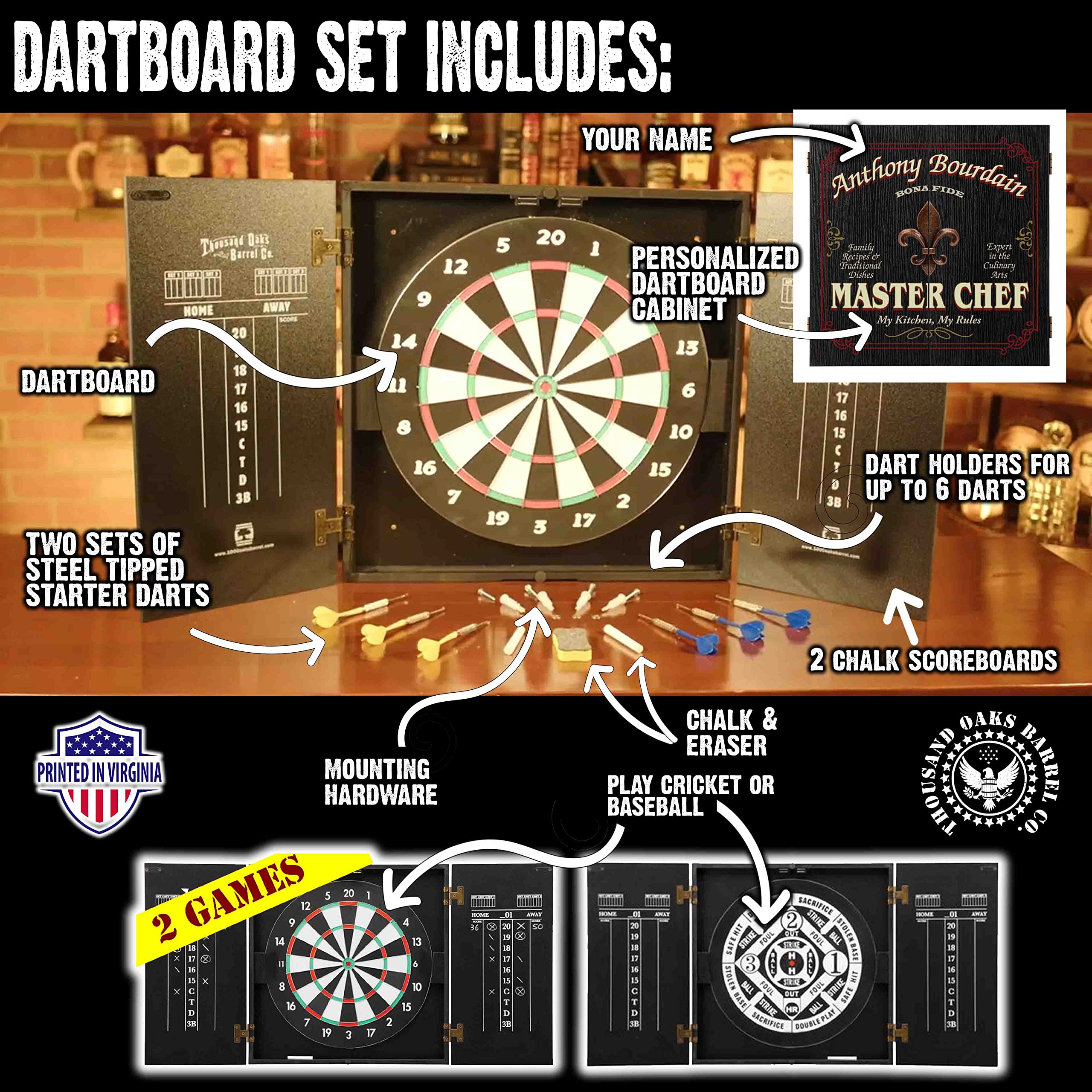 THOUSAND OAKS BARREL CO. Personalized Dartboard Cabinet Set with 6 Steel Tip Darts - Professional Bristle Dart Board for Adults - Includes Eraser & Chalk Scoreboard - Perfect for Game Rooms, Bars, and Home Entertainment