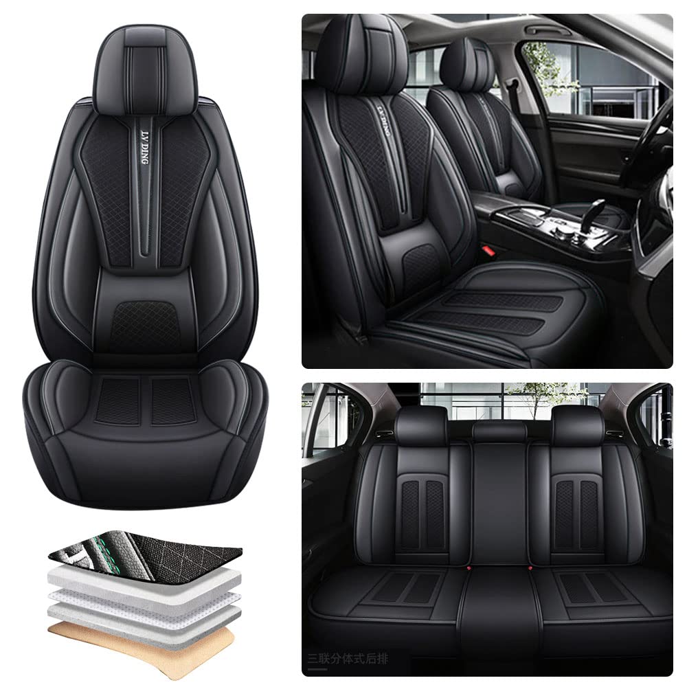 Premium Waterproof Leather & Ice Silk Car Seat Covers Full Set for Ford Fusion Energi 2013-2020 - Black Standard Size - Durable Vehicle Seat Protectors for Comfort & Style (Perfect for Daily Commute, Road Trips & Family Protection)