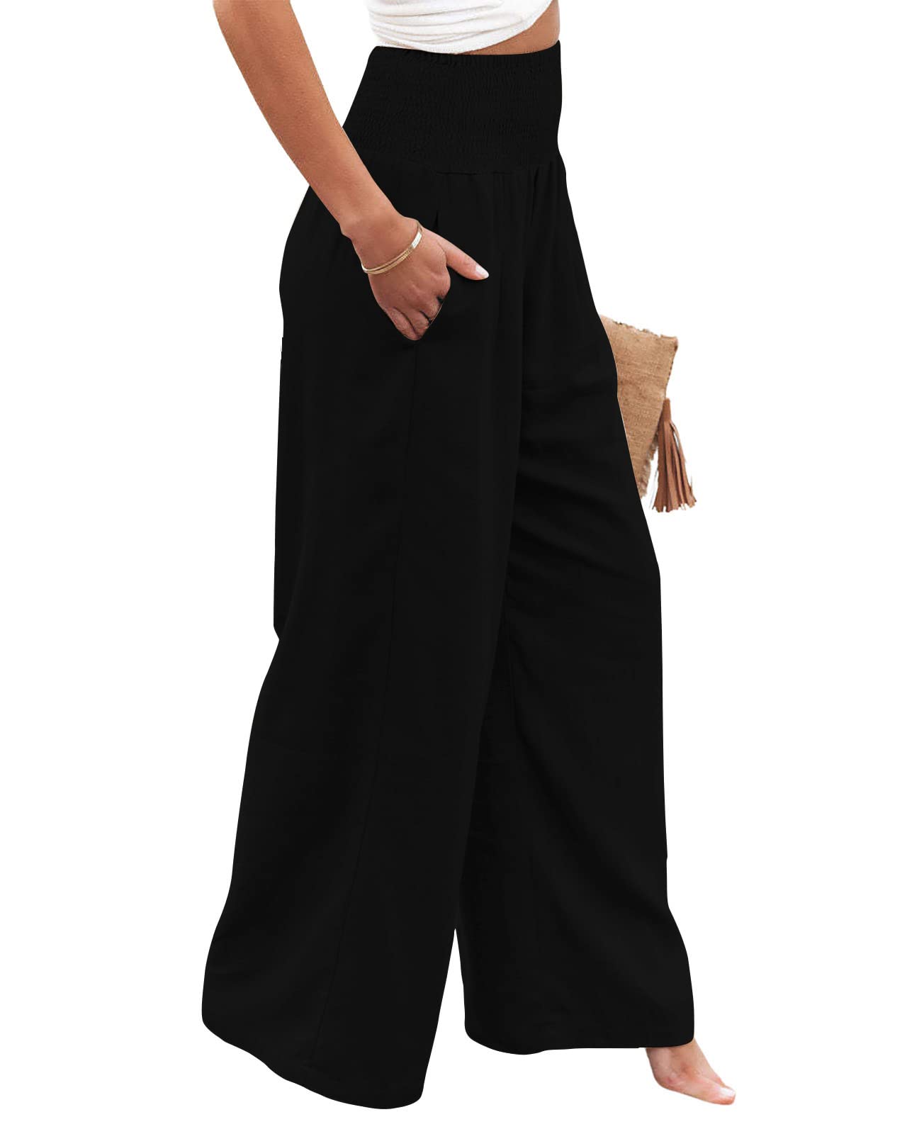 UTCoco Women's Wide Leg Linen Palazzo Pants - Casual Elastic Waist Loose Fit Trousers | Summer Beach Vacation, Yoga, Lounge & Office Wear