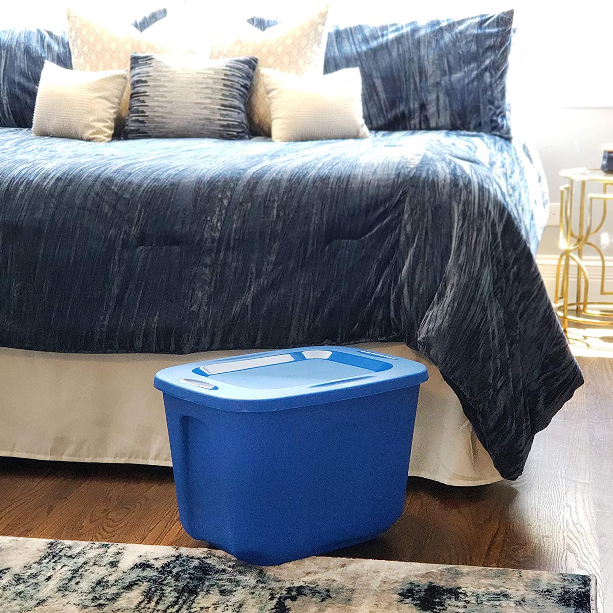 HOMZ 8-Pack Heavy Duty Plastic Storage Bins - 10 Gallon Organizing Containers for Home, Garage & Closet - Durable Stackable Blue Bins for Toys, Clothes & Household Items
