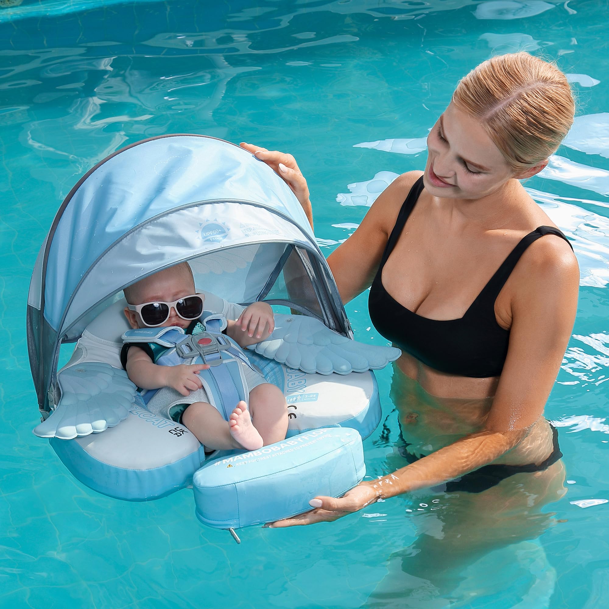 Mambobaby Non-Inflatable Baby Swimming Float with Canopy - Safe Soft Skin-Friendly Swim Float for Toddlers 3-24 Months, Angel Design - Perfect for Pool, Beach & Water Play