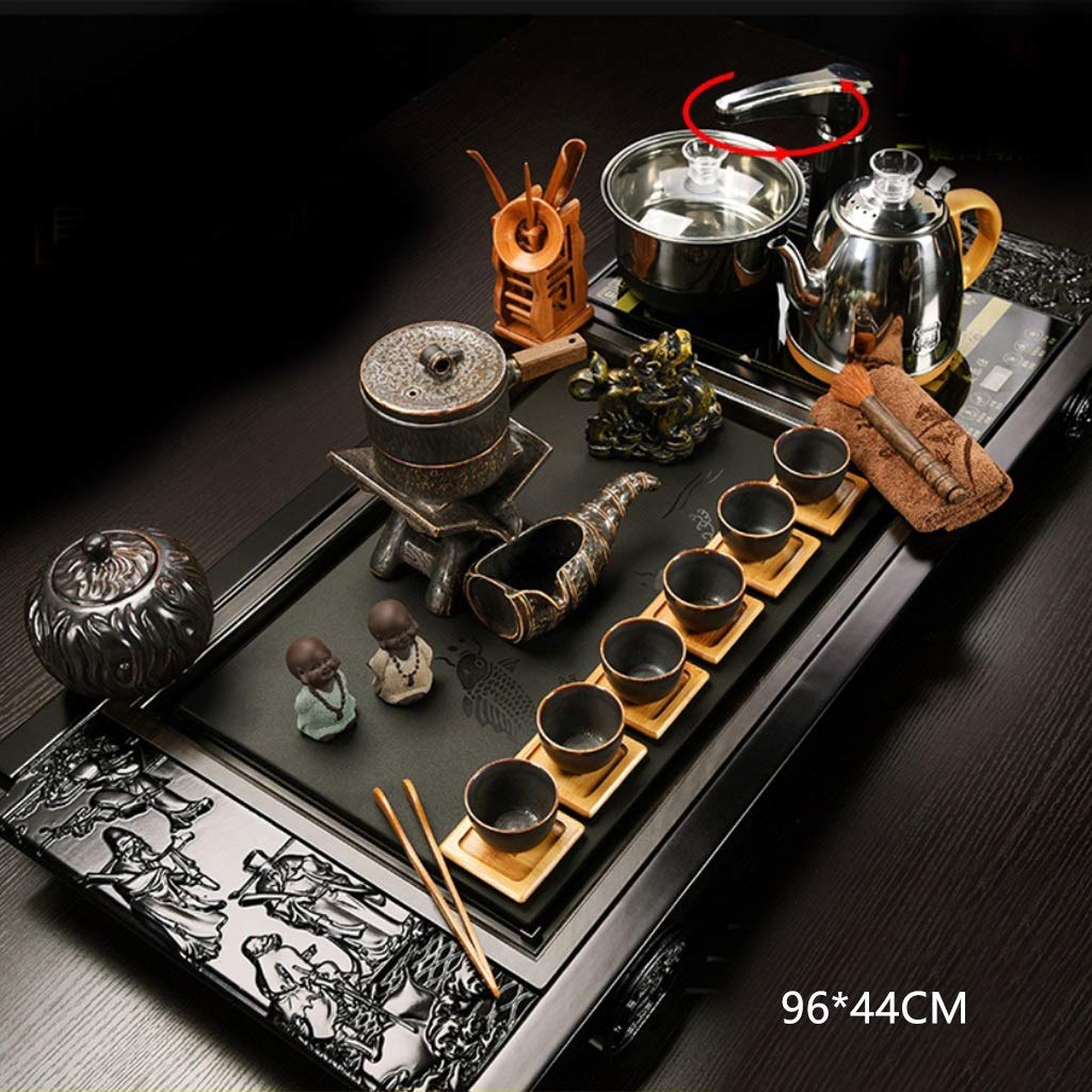 Premium Chinese Kung Fu Tea Set with Automatic Wooden Tea Tray - Complete Ceremonial Tea Serving Set with Drainage & Water Storage Drawer for Home, Office & Tea Ceremonies