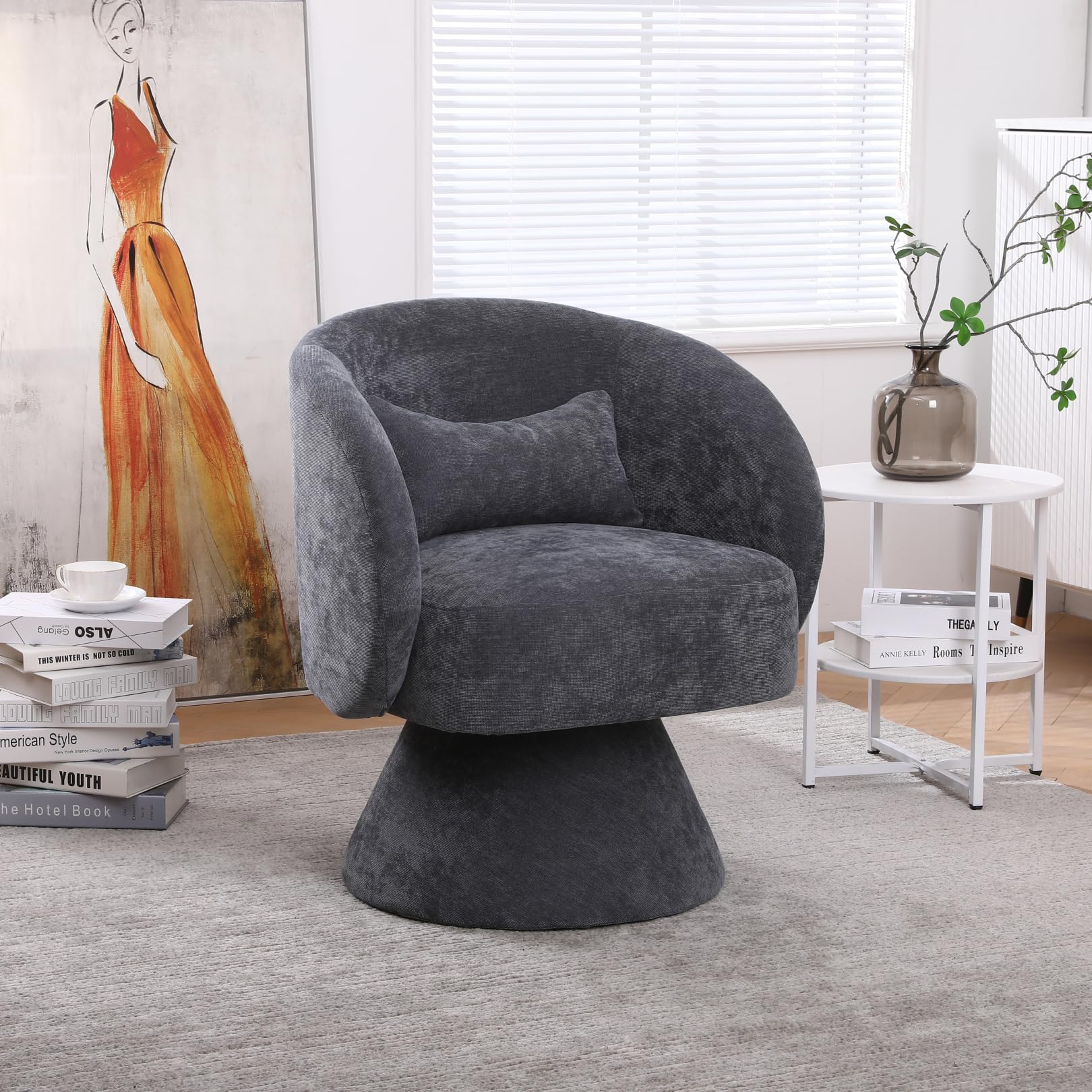 360 Degree Swivel Barrel Chair - Modern Linen Fabric Accent Armchair with Removable Pillow & Circular Base - Comfortable Single Sofa Chair for Living Room, Bedroom, Office - Dark Gray - Perfect for Reading Nooks, Home Theaters & Cozy Corners
