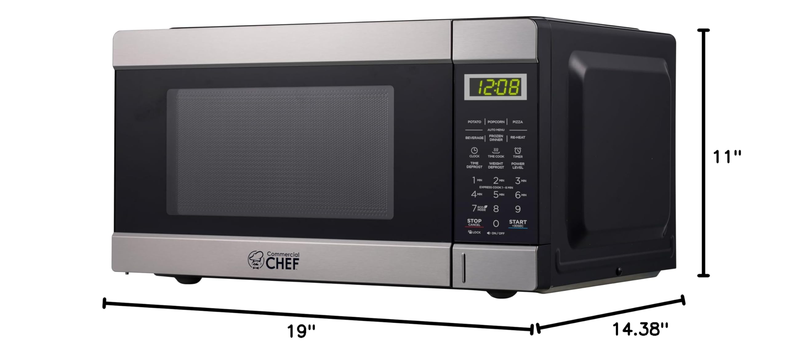 Commercial Chef 0.9 Cu Ft Stainless Steel Countertop Microwave - 900W with 10 Power Levels, Digital Controls, Push Button, Child Lock, Timer & Quick-Touch Menu - Perfect for Home Kitchen, Office Breakroom & Small Spaces