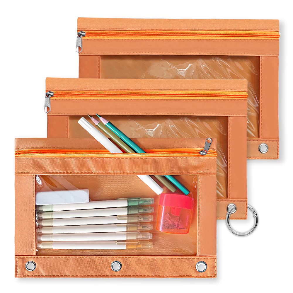 3-Pack Multi-Color Large Capacity Pencil Pouch with Zipper Closure & Clear Window - 3 Ring Binder Pencil Case with Reinforced Grommets (Burnt Orange) - Perfect for School, Office & Art Supplies Organization
