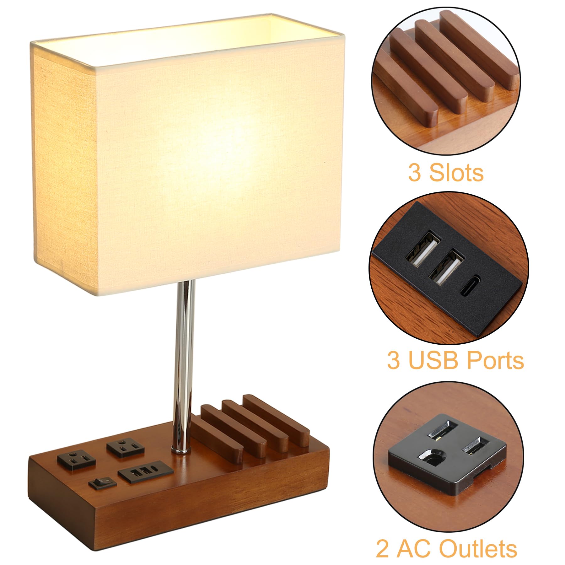 Briever USB Table Lamp with 2 AC Outlets & 3 USB Ports - Modern Multi-Functional Bedside Desk Lamp with Wooden Phone Stand - Perfect for Bedroom, Guest Room, Office & Study Lighting