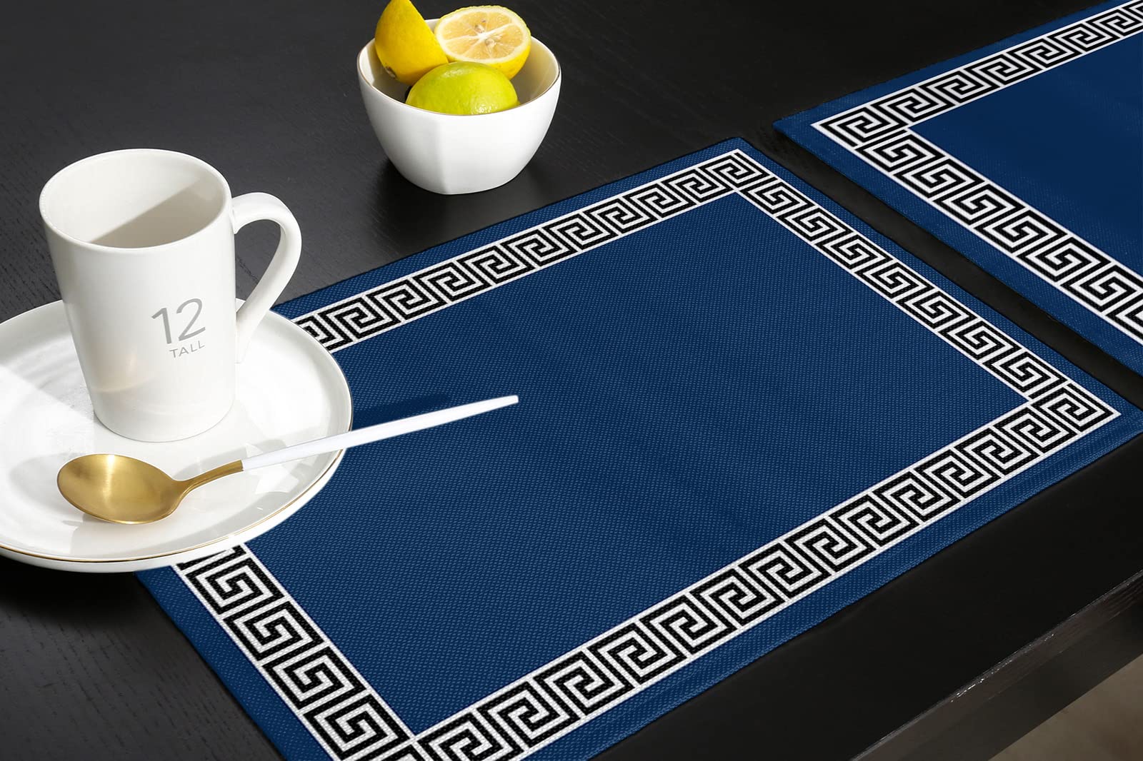 Modern Geometric Greek Key Design Placemats - Set of 4 Navy Blue Washable Table Mats for Dining Room, Kitchen Decor, and Dinner Table Settings
