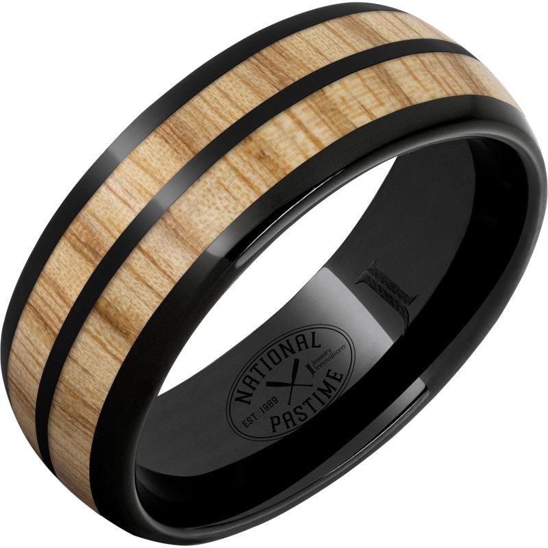 Black Diamond Ceramic Dome Ring with Vintage White Ash Baseball Bat Wood Inlays - National Pastime Collection™ | Perfect for Baseball Fans, Sports Enthusiasts & Unique Gift Ideas