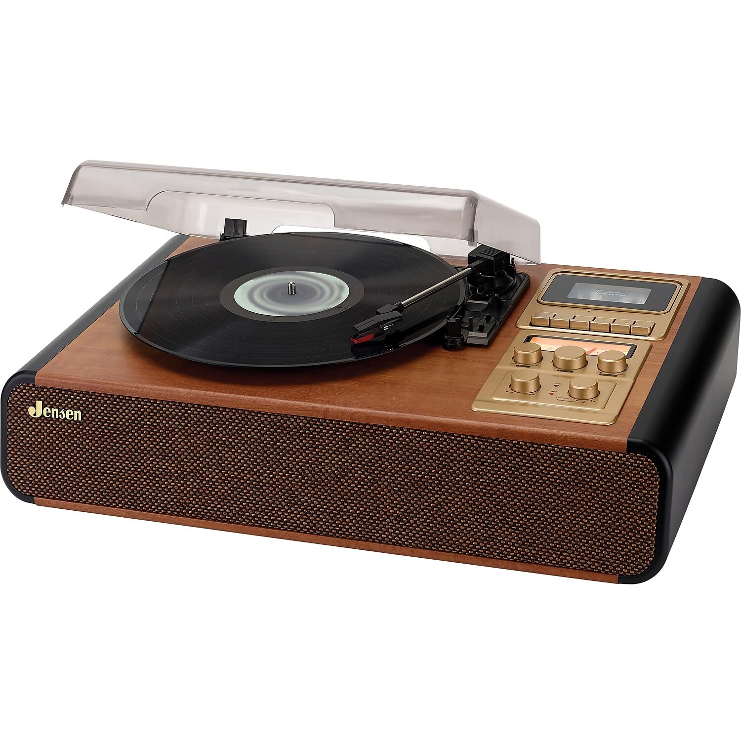 JENSEN JTA-385 3-Speed Belt-Drive Turntable with Pitch Control, Cassette Player/Recorder, AM/FM Stereo Radio & Built-in Speakers - Perfect for Vinyl Record Playback, Cassette Recording & Home Entertainment