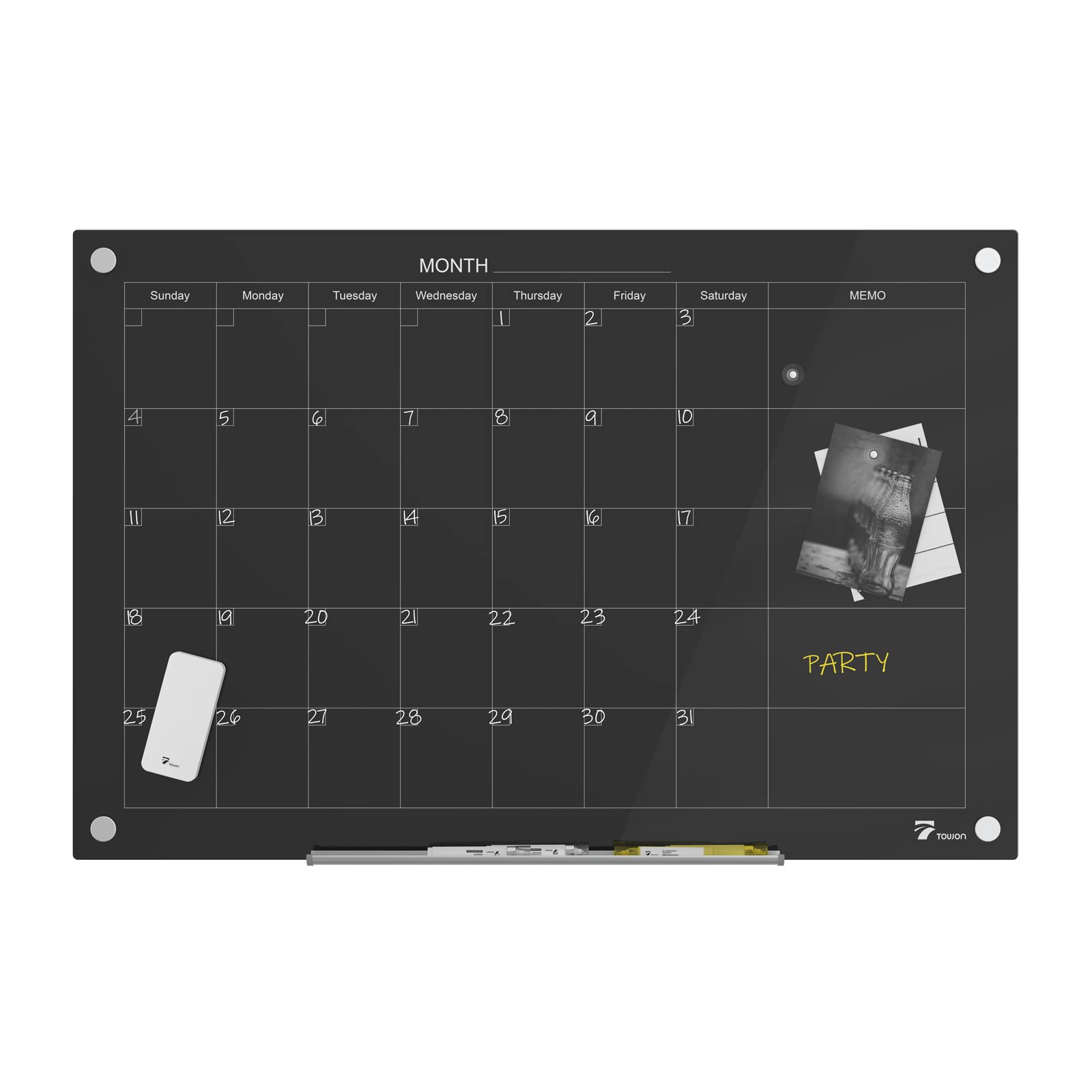 TOWON 47 x 35 Inch Magnetic Glass Dry Erase Board - Monthly Calendar Whiteboard for Wall, Office, Home & School - Premium Glass Whiteboard with Marker & Eraser - Perfect for Scheduling, Planning & Organizing