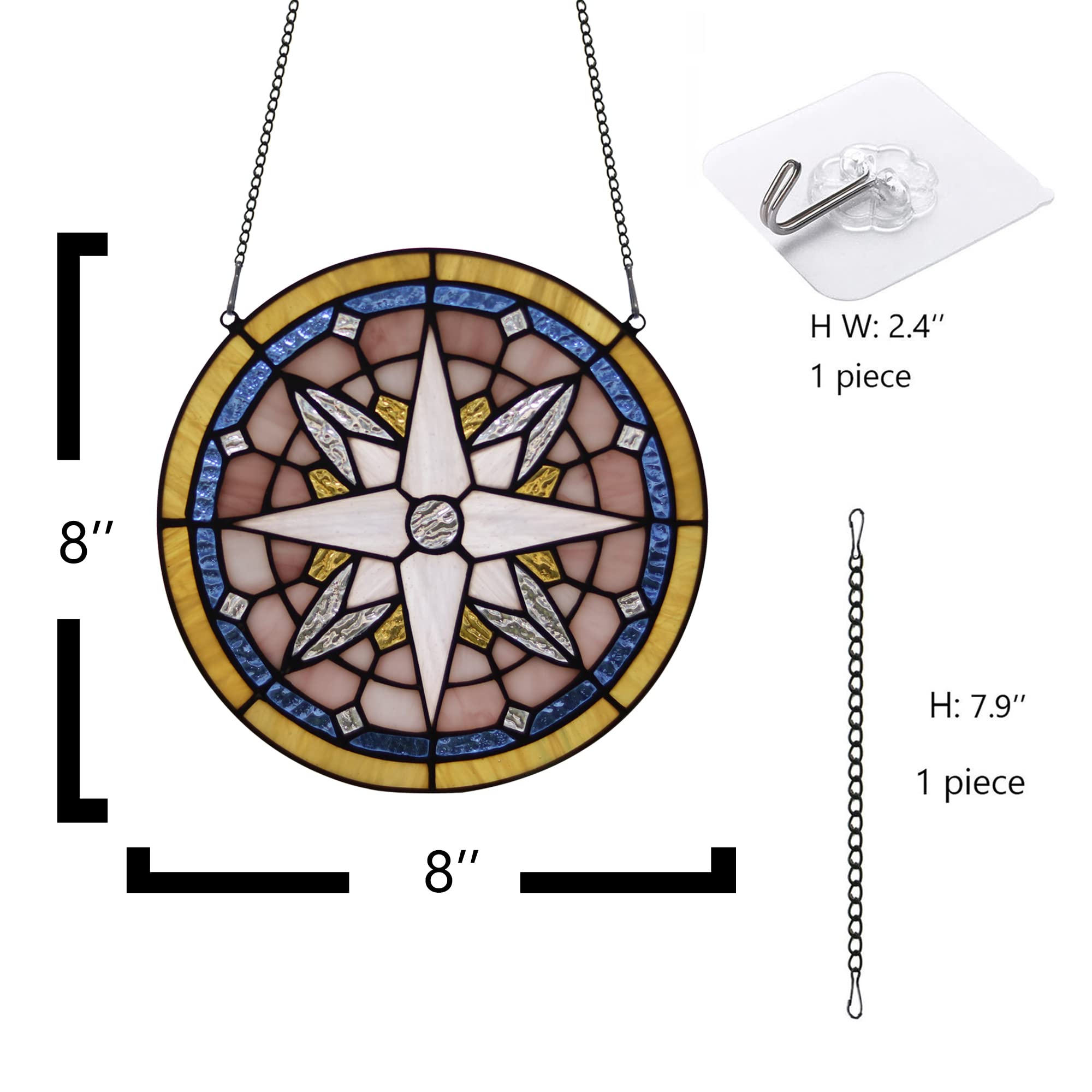 Compass Rose Stained Glass Window Hangings - Round Nautical Tiffany Style Boho Decor for Windows, Doors & Home Decor | Perfect for Beach Houses, Coastal Decor & Nautical Theme Rooms