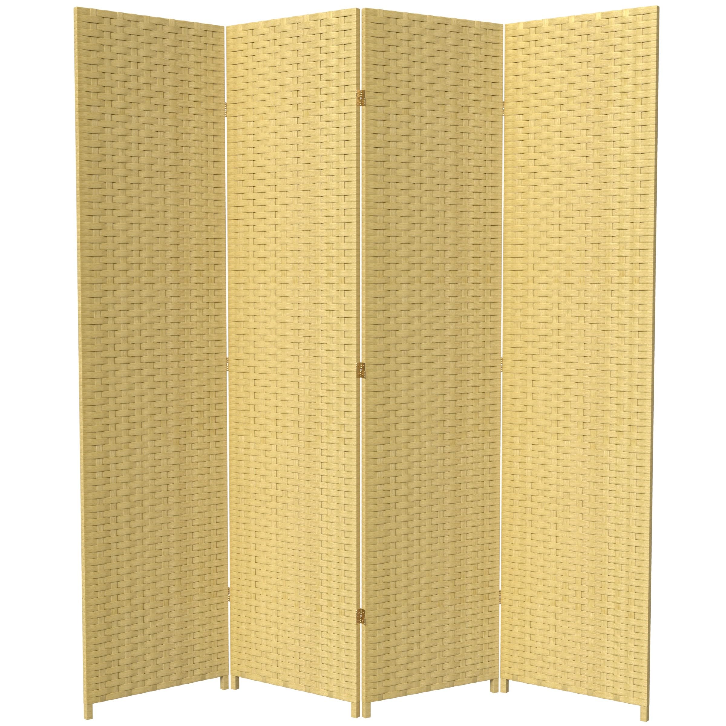 7 ft Tall Red Lantern Woven Fiber Room Divider - Dark Beige 4-Panel Folding Screen for Home Decor, Office Partition & Asian-Themed Spaces