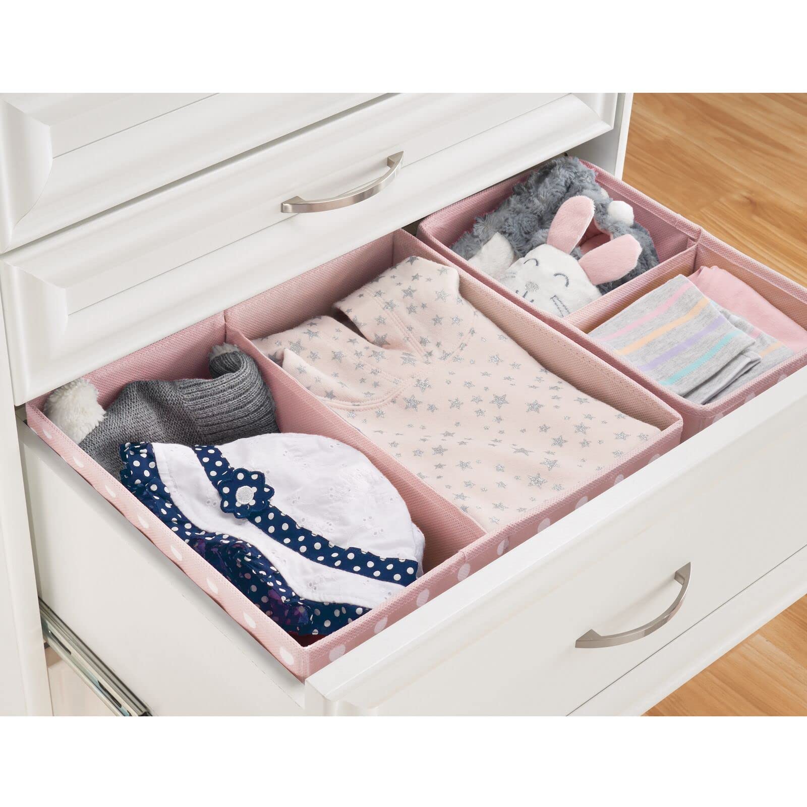 mDesign Fabric Drawer Organizer Bins - Set of 2 or 6 Pack, Pink/White Polka Dot - Perfect for Kids & Baby Nursery Dresser, Closet, Shelf & Playroom Organization - Holds Clothes, Toys, Diapers, Bibs & Blankets - Ideal for Home, Daycare & Travel Storage Solutions