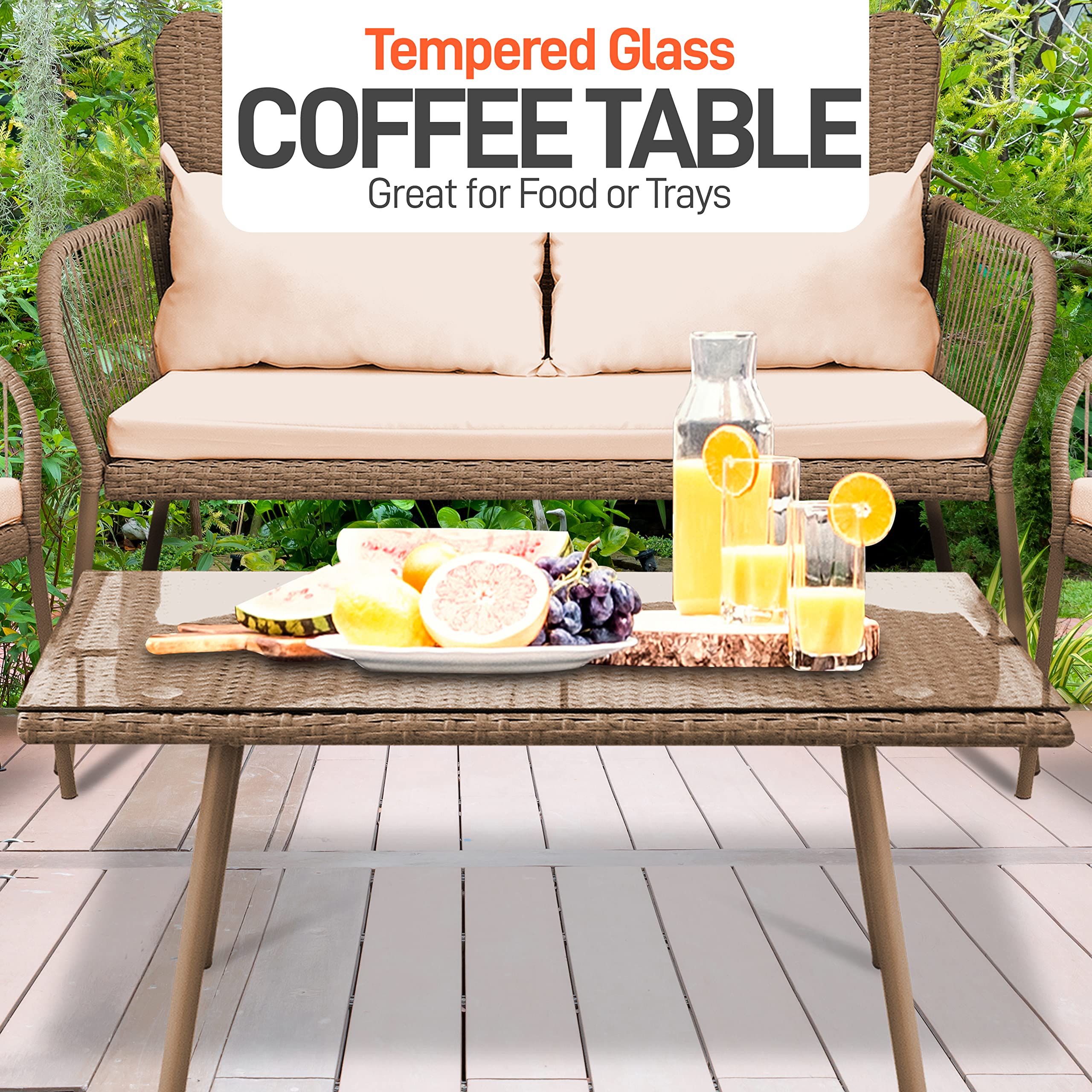 SereneLife 4-Piece Outdoor Rattan Patio Furniture Set with Cushions - 1 Double Sofa, 2 Single Chairs & Glass-Top Coffee Table (Beige) - Perfect for Garden, Poolside, and Backyard Relaxation