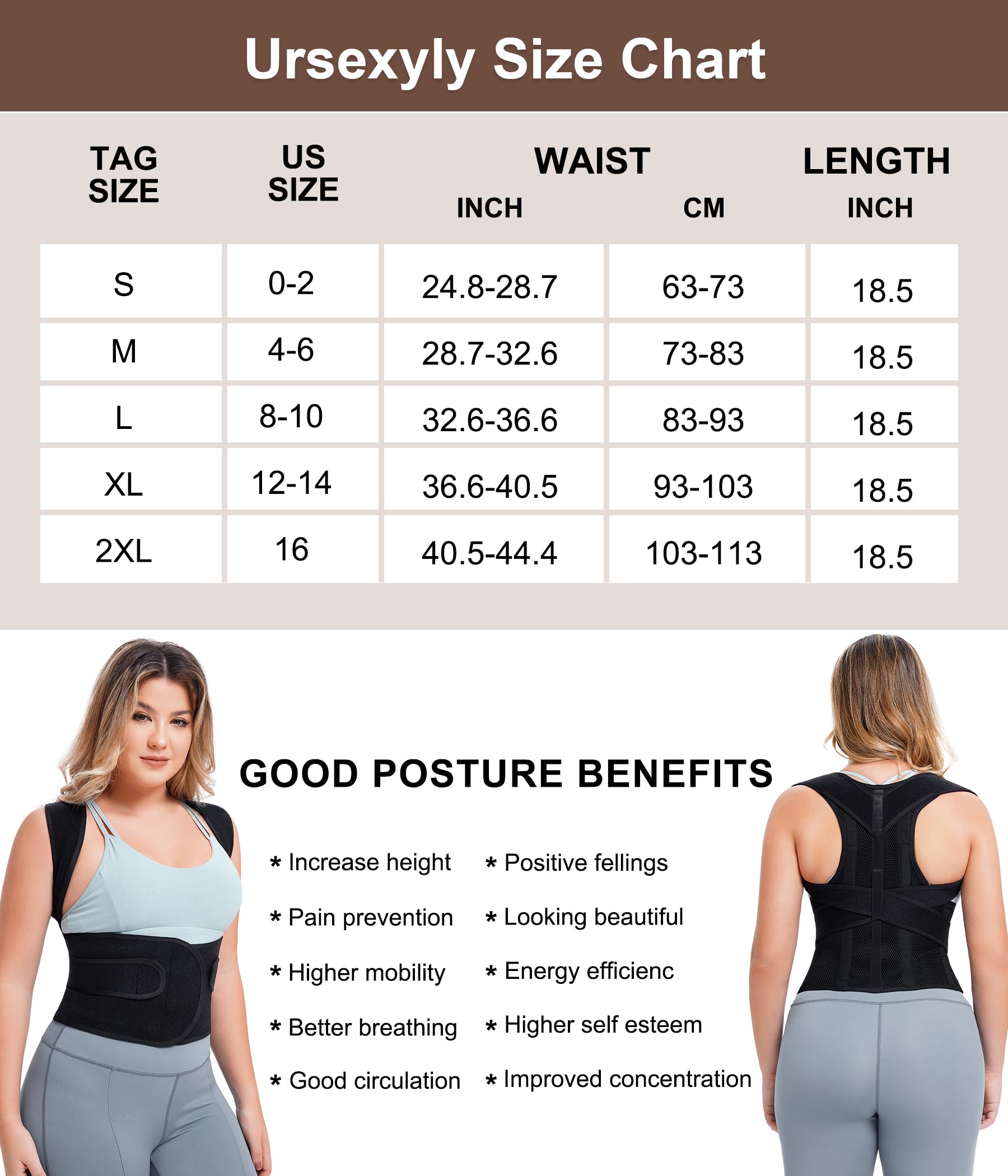 URSEXYLY Adjustable Back Brace & Posture Corrector for Women - Upper & Lower Back Pain Relief, Spine Support, Shoulder Straightener (Black, Medium) - Perfect for Office Work, Driving & Daily Posture Improvement