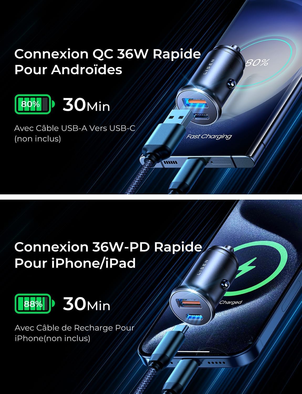 LISEN 36W PD & 18W QC 3.0 Fast Car Charger USB C Cigarette Lighter Adapter - Compatible with iPhone 16 Pro Max/15/14/13, Galaxy S24/S23, iPad, Tablet & AirPods - Perfect for Road Trips & Daily Commuting