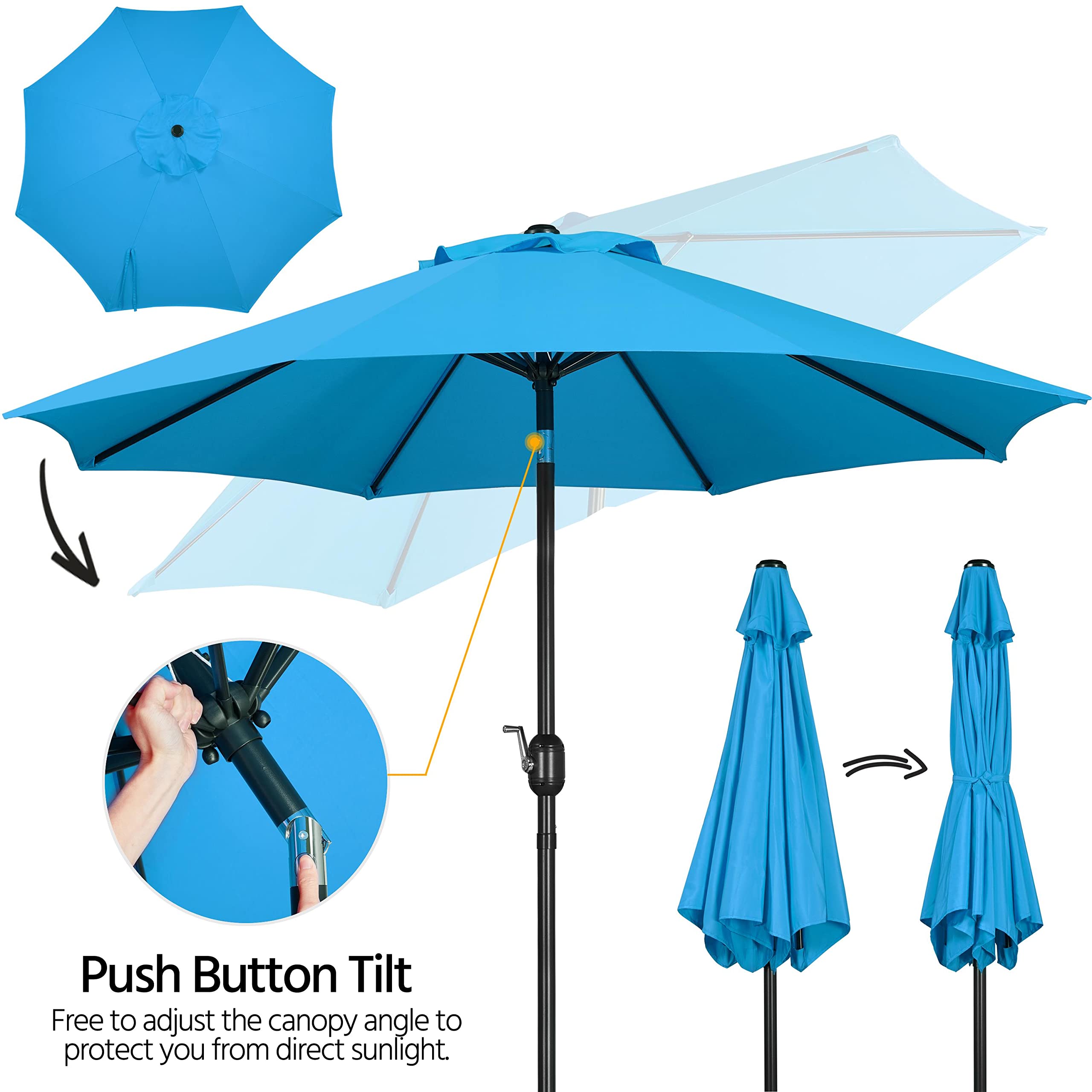 Yaheetech 9FT Heavy Duty Outdoor Patio Umbrella with 30lb Base - Sky Blue Market Umbrella with Push Button Tilt, Crank & 8 Sturdy Ribs for Garden, Poolside, and Backyard Relaxation