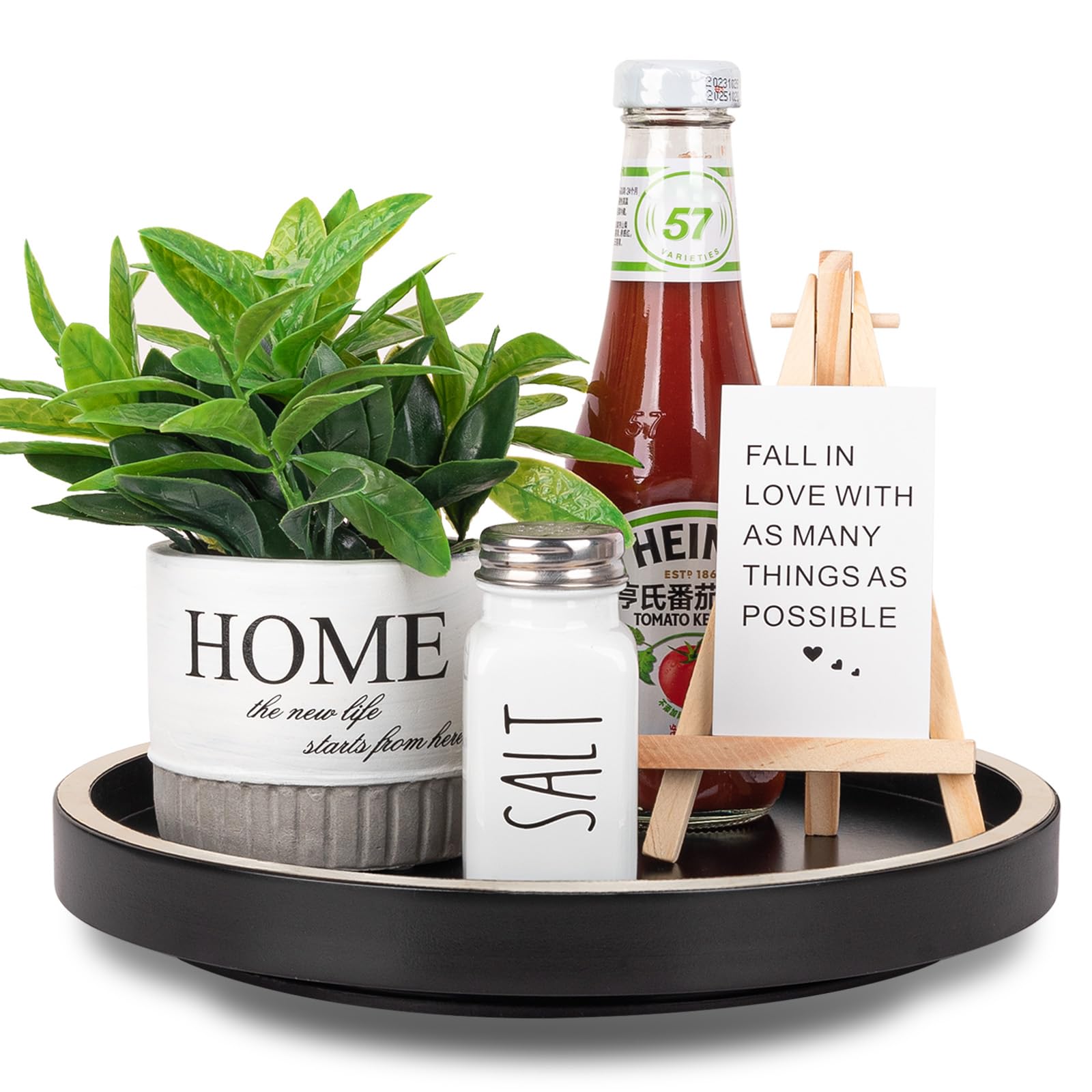 Wooden Lazy Susan Turntable Organizer - 10 Inch Spinning Tray for Kitchen Countertop, Bathroom Vanity & Cabinet Storage - Black Brushed Gold Finish - Perfect for Spices, Soap Dishes & Countertop Organization