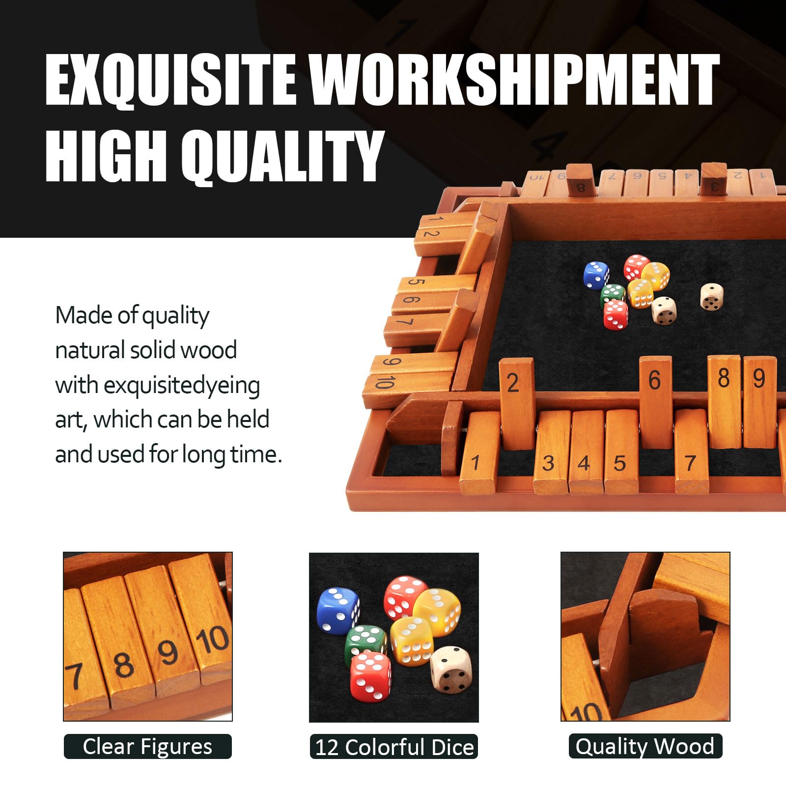 Upgraded 1-4 Players Shut The Box Dice Game - Wooden Board Tabletop Math Game for Kids & Adults with 12 Dice | Classic Family Game for Pubs, Classrooms & Parties | Perfect Christmas Birthday Gift for Board Game Lovers | Fun for Family Game Nights & Math Learning Activities