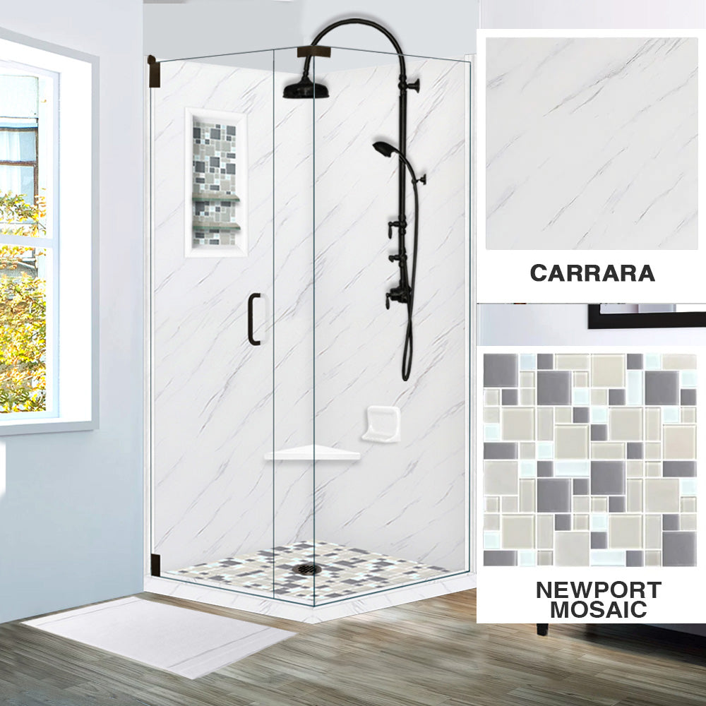 Premium Carrara Marble Newport Mosaic Corner Shower Enclosure Kit - Waterproof Bathroom Upgrade for Modern Homes & Luxury Hotels
