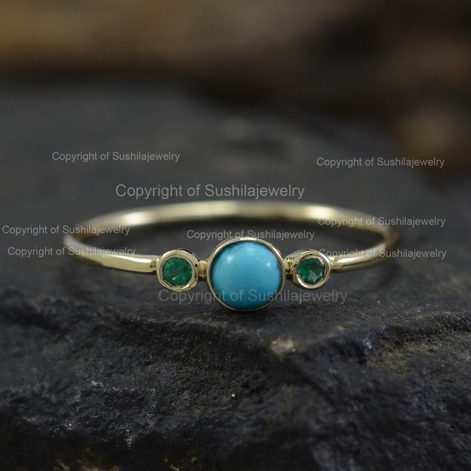 14K Solid Yellow Gold Sleeping Beauty Turquoise & Emerald Wedding Band Ring - Handmade Minimalist Jewelry for Women - Perfect for Anniversaries, Engagements & Special Occasions