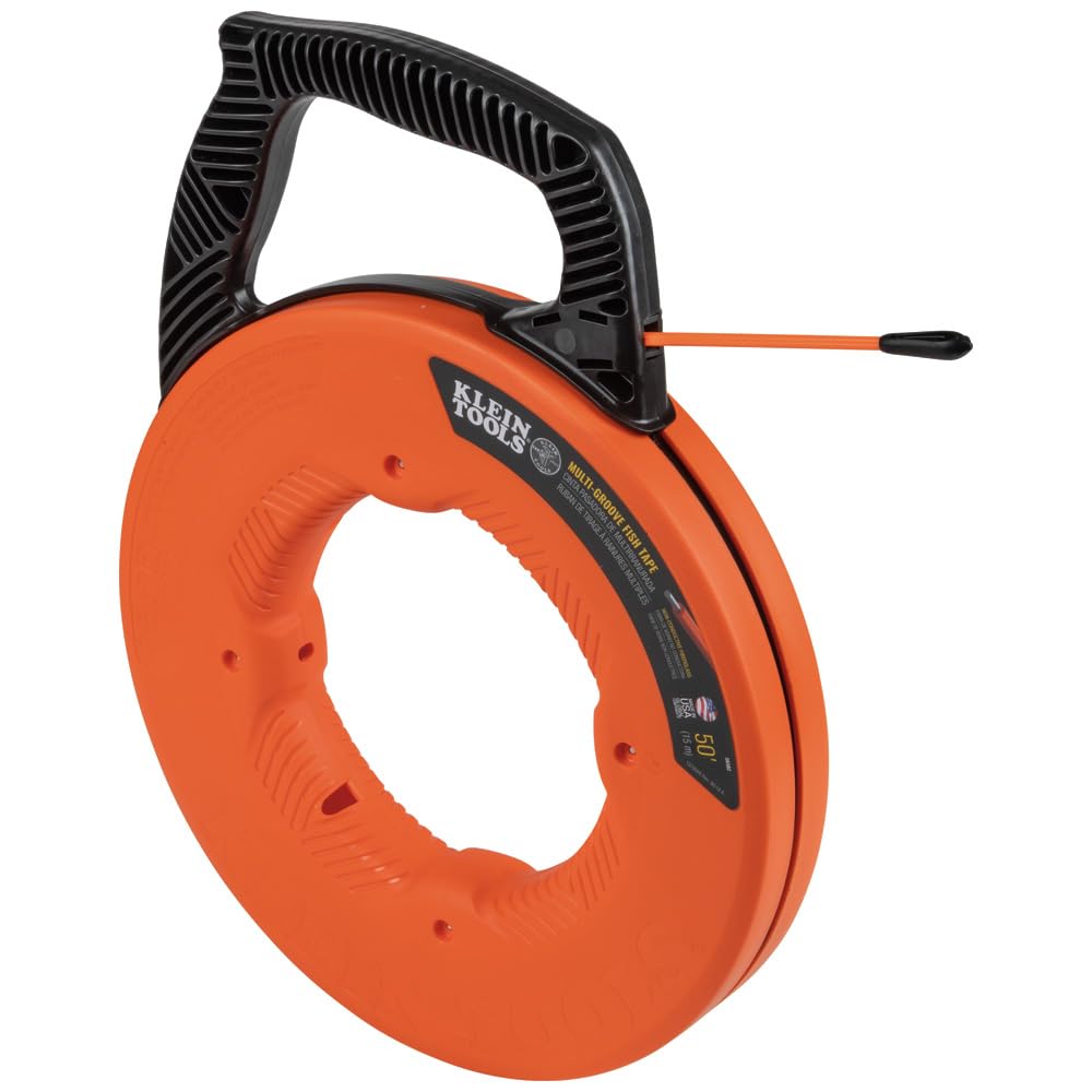 Klein Tools 56382 Non-Conductive 50-Foot Electrical Fish Tape - 3/16-Inch Multi-Groove Fiberglass Wire Puller with Optimized Housing & Handle for Electricians, DIY Home Wiring & Cable Installation