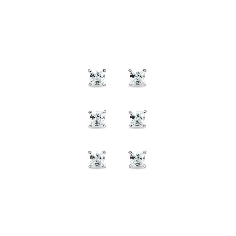 Sterling Silver Cubic Zirconia Princess-Cut 3mm Square CZ Stud Earrings Set (5 Pairs) - Hypoallergenic Earrings for Women & Men - Perfect for Everyday Wear, Gifts & Special Occasions