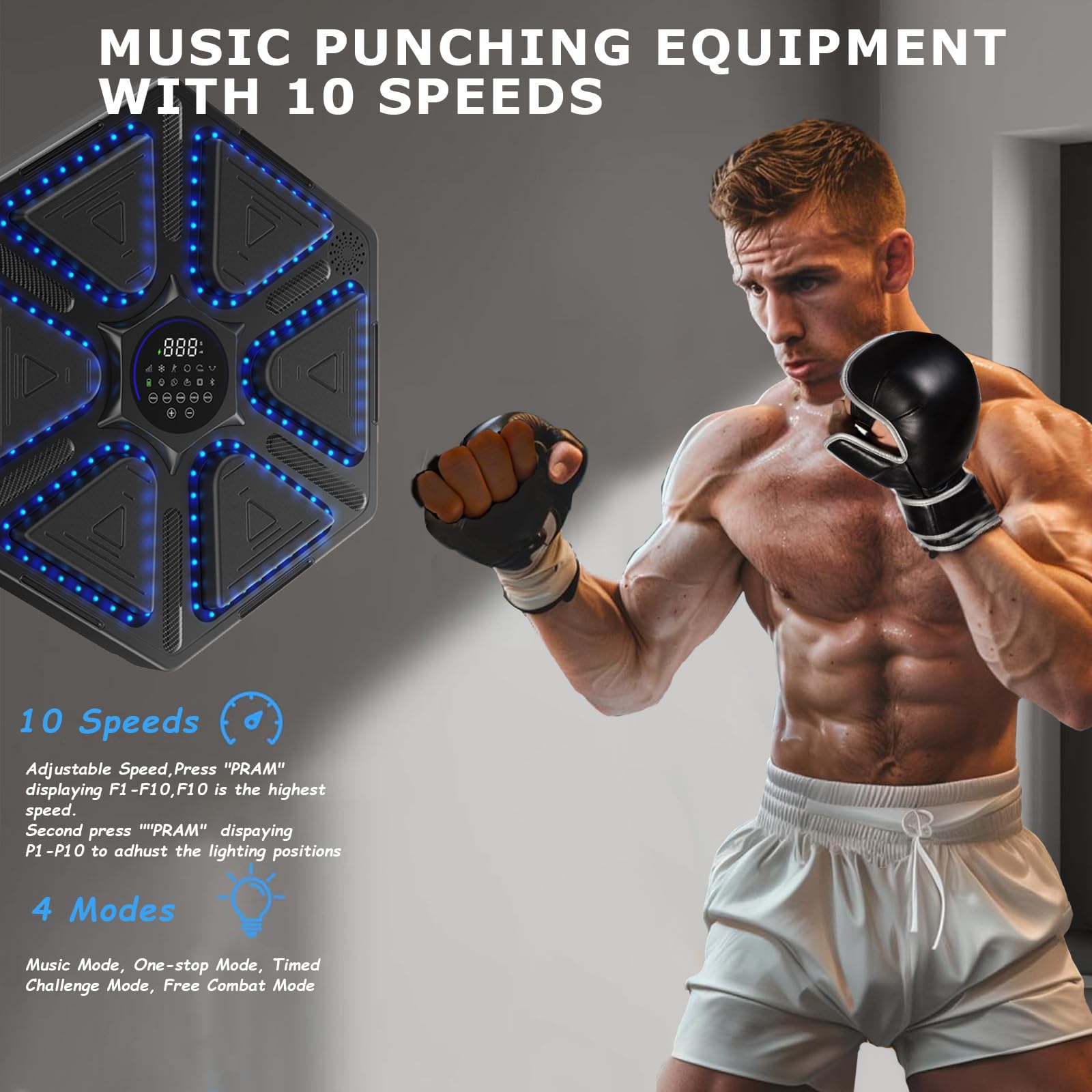 Music Boxing Machine with Gloves - 10 Speed Levels & 4 Training Modes, LED Display Wall Mounted Punching Bag for Home Gym - Perfect for Adults & Kids Fitness, Stress Relief & Cardio Workout