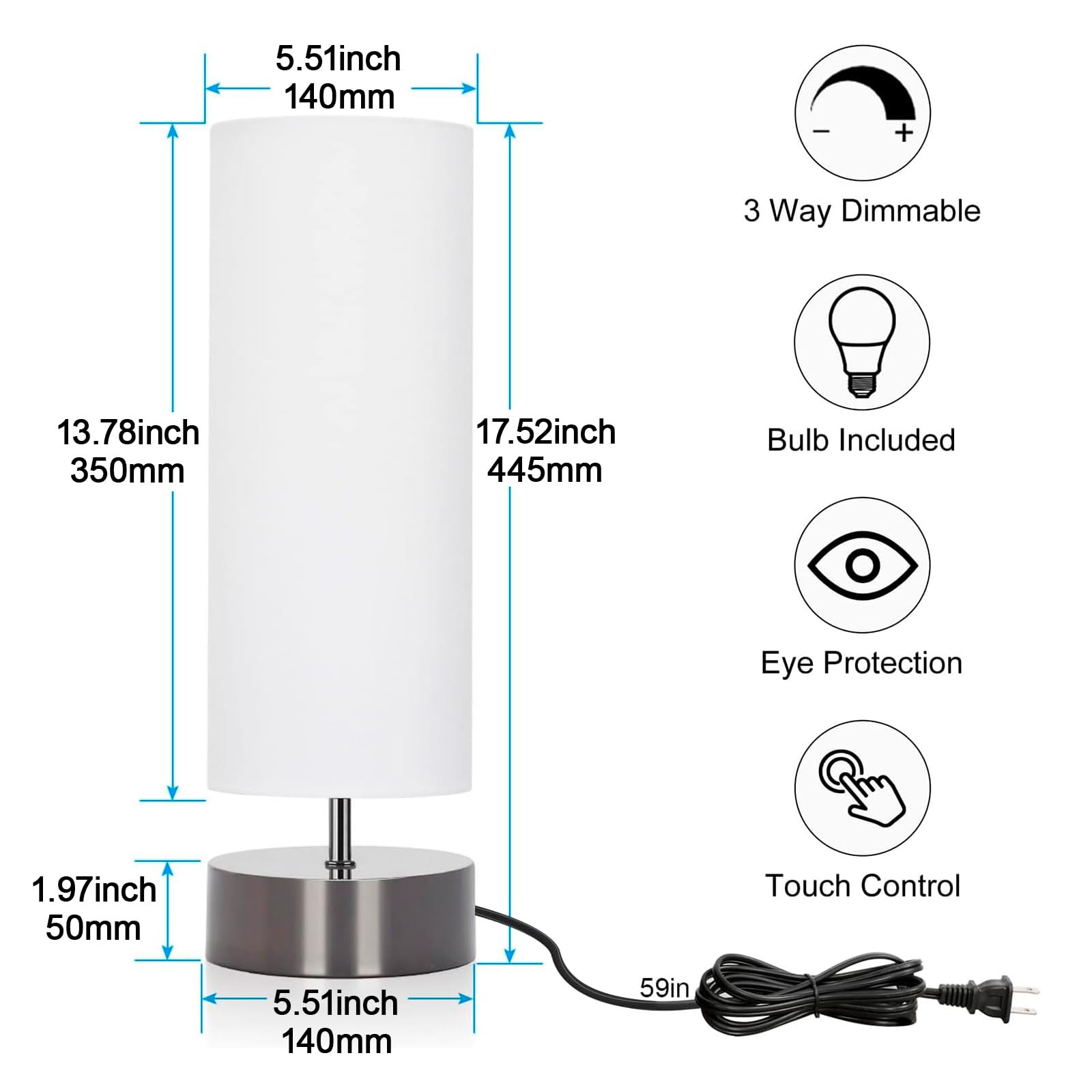 Modern Touch Control Table Lamp - Dimmable LED Bedside & Desk Lamp with Cylinder Shade, Night Light for Bedroom, Living Room, Kitchen | Perfect for Reading, Working & Relaxing